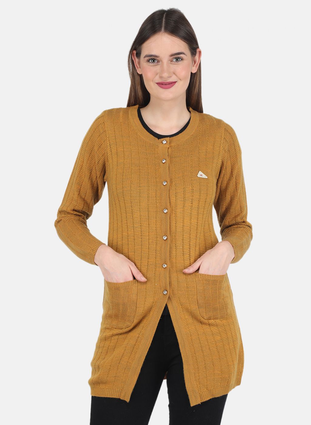 Women Mustard Self design Cardigan