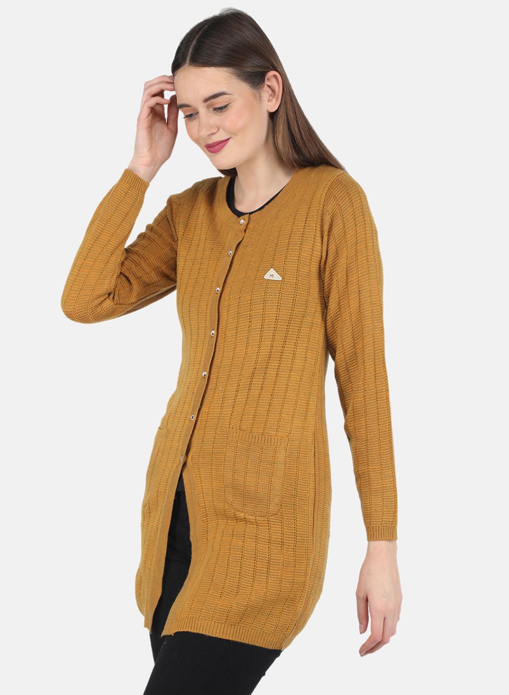 Women Mustard Self design Cardigan