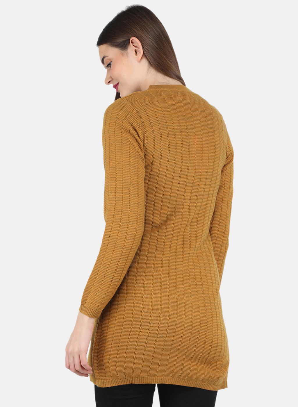 Women Mustard Self design Cardigan