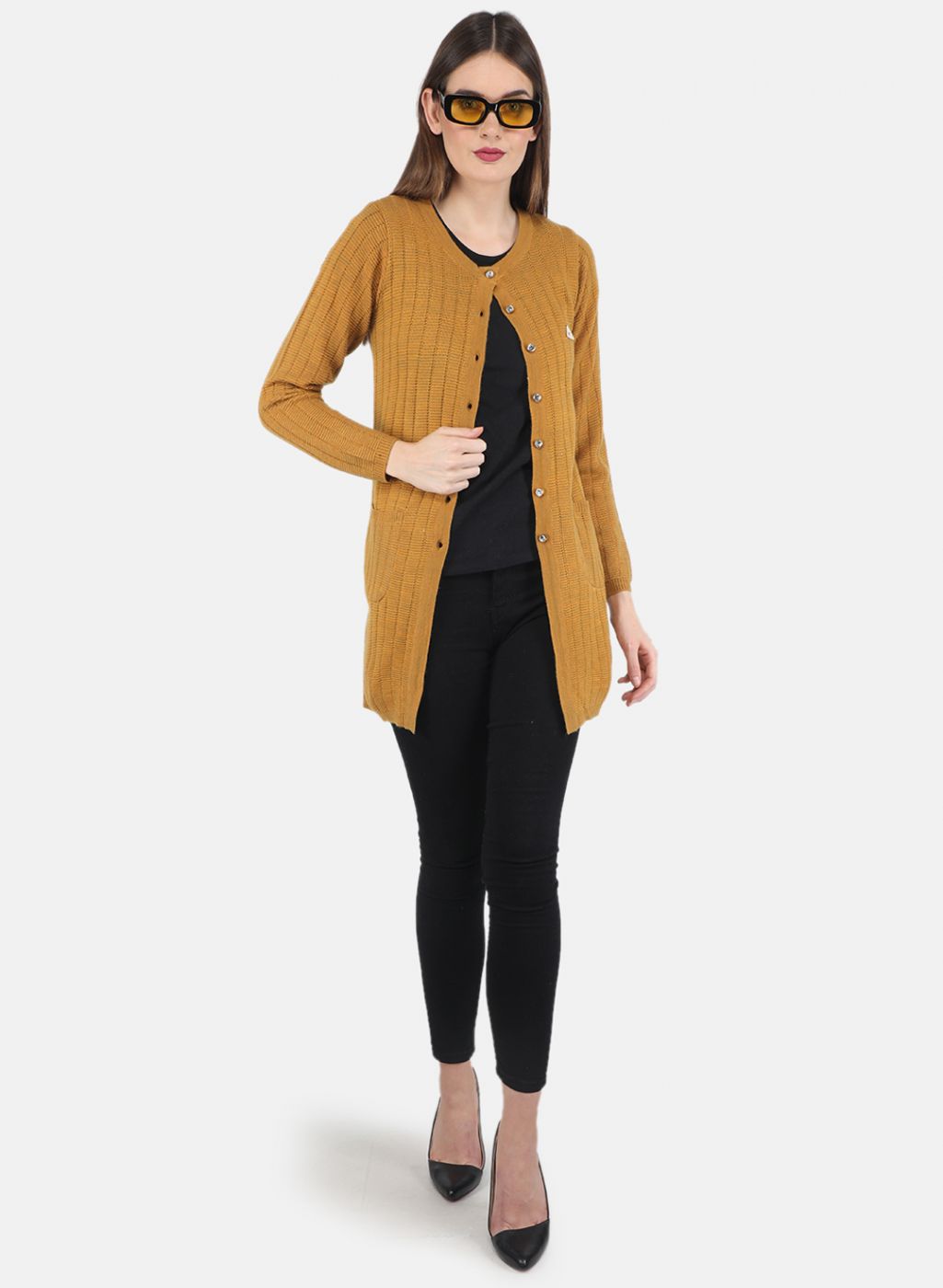 Women Mustard Self design Cardigan