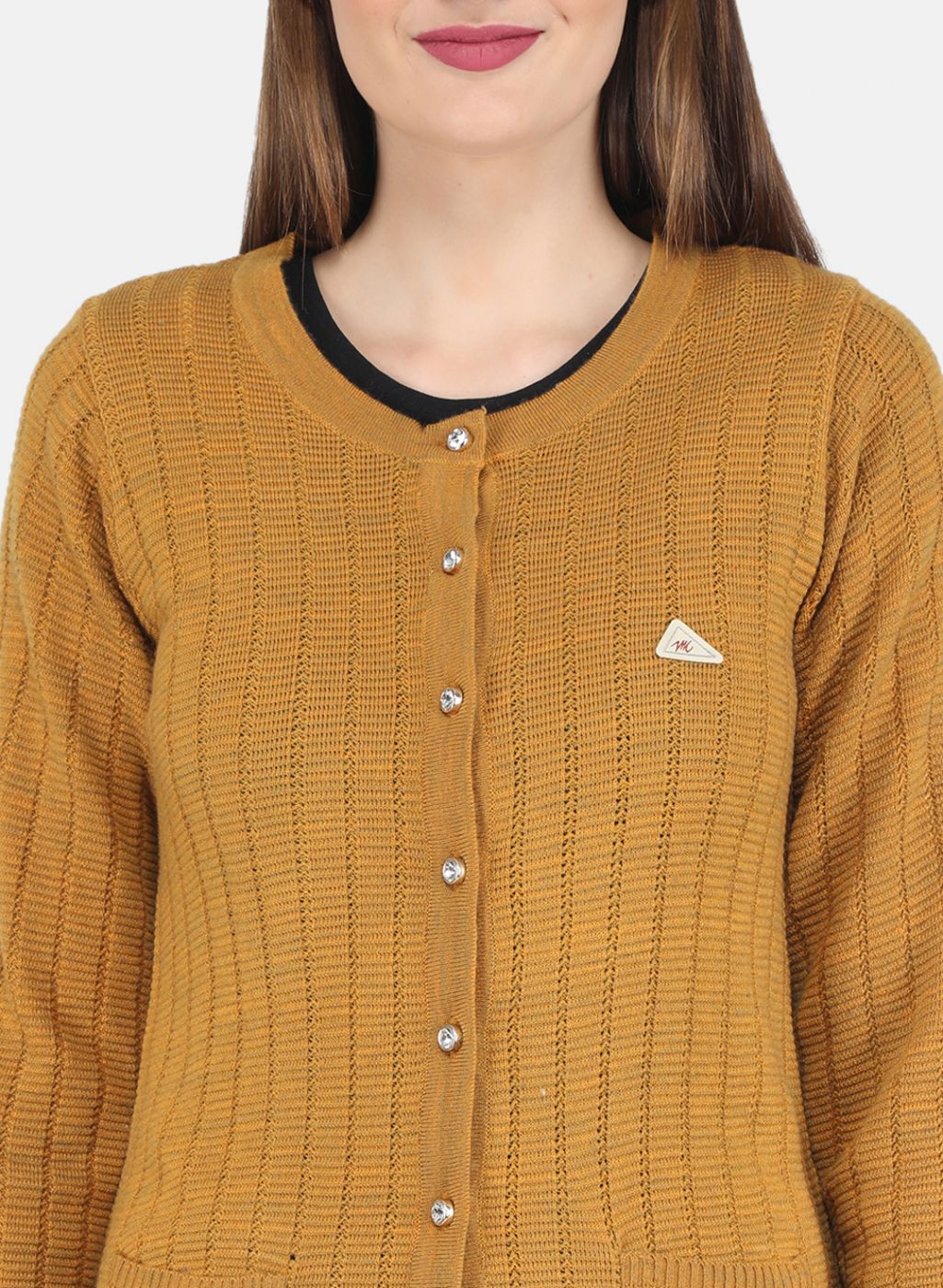 Women Mustard Self design Cardigan