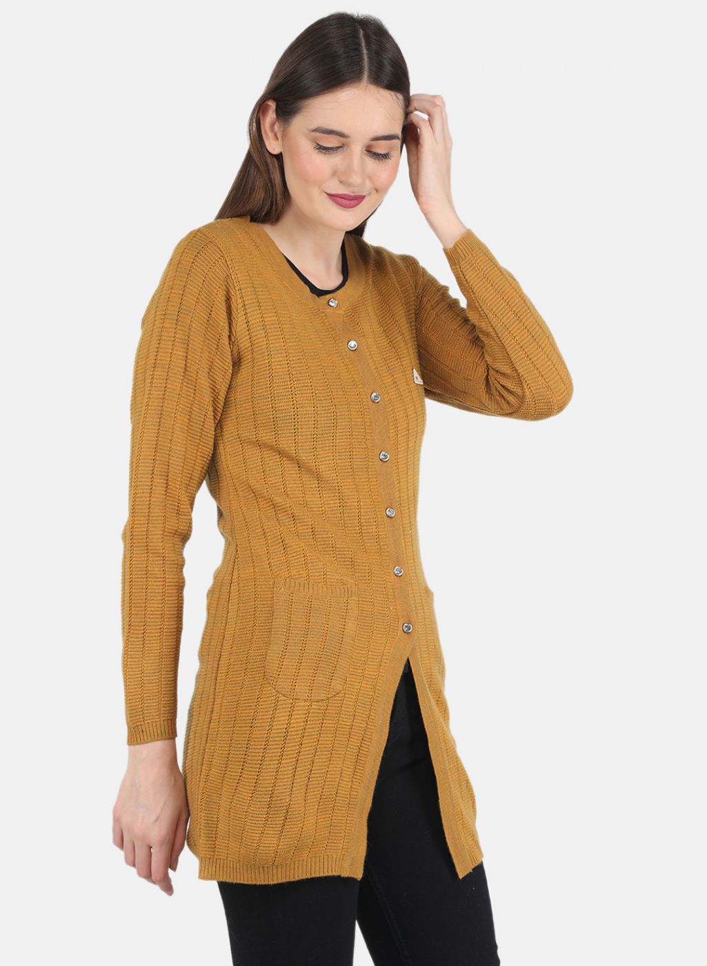 Women Mustard Self design Cardigan