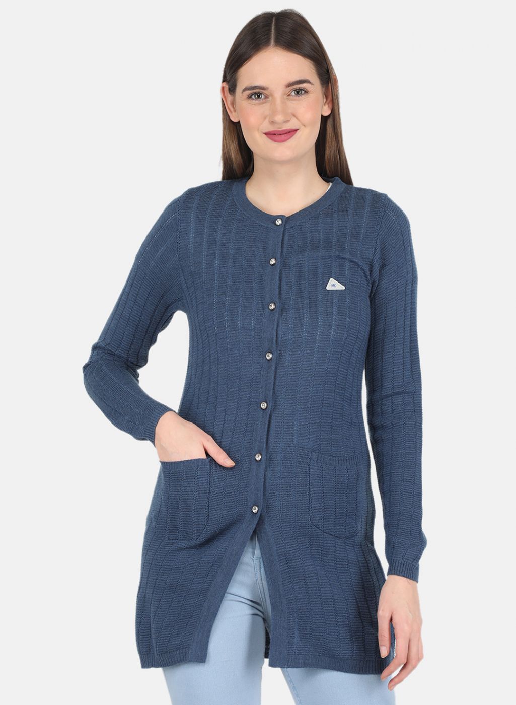 Women Blue Self design Cardigan