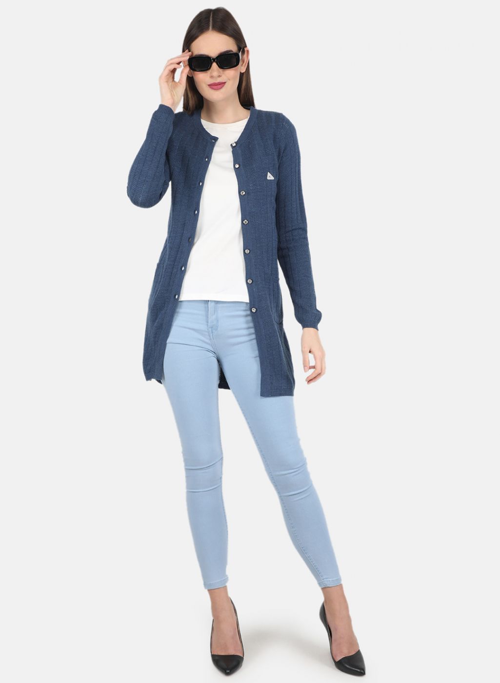 Women Blue Self design Cardigan