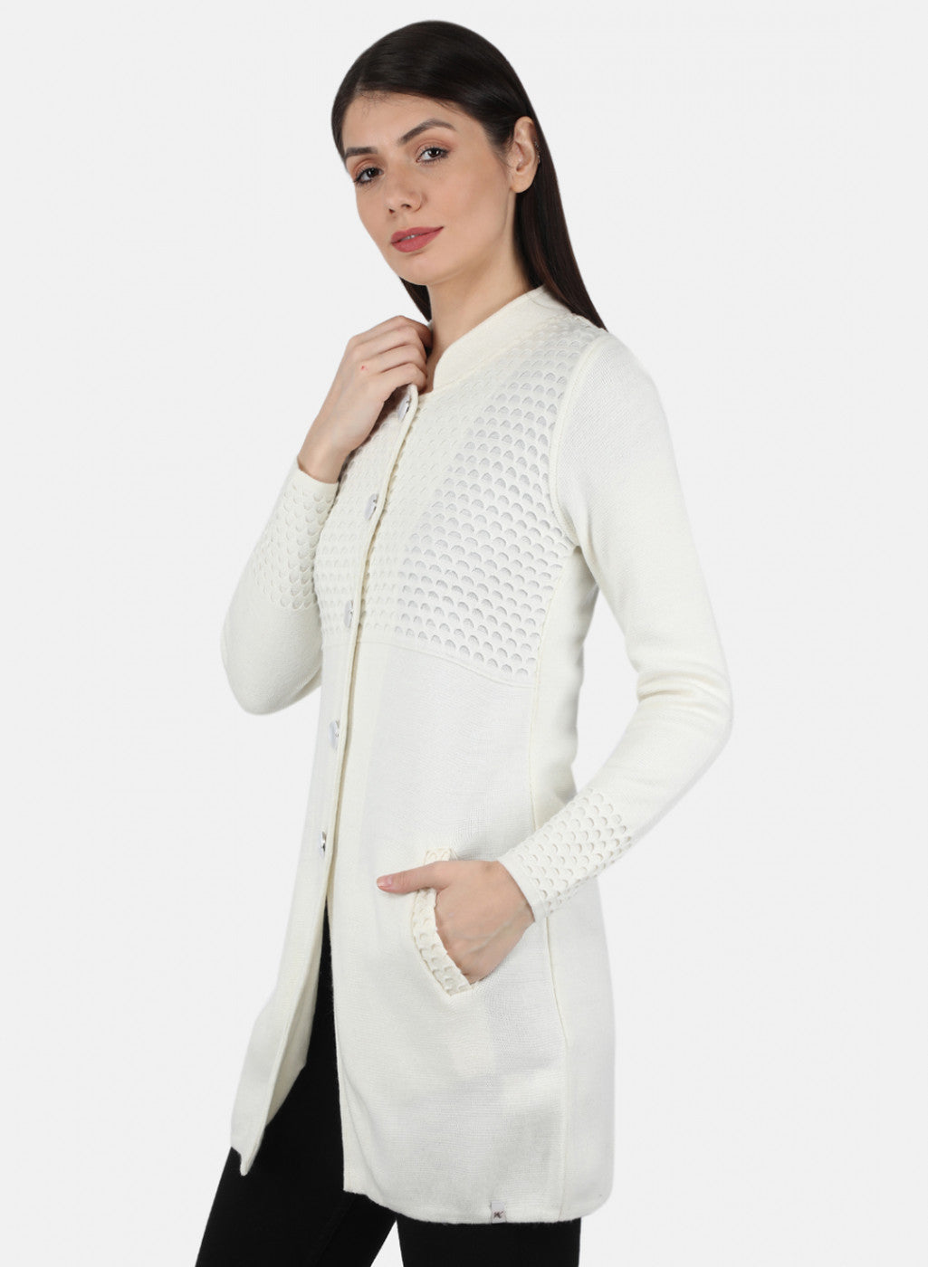 Women White Self Design Coat