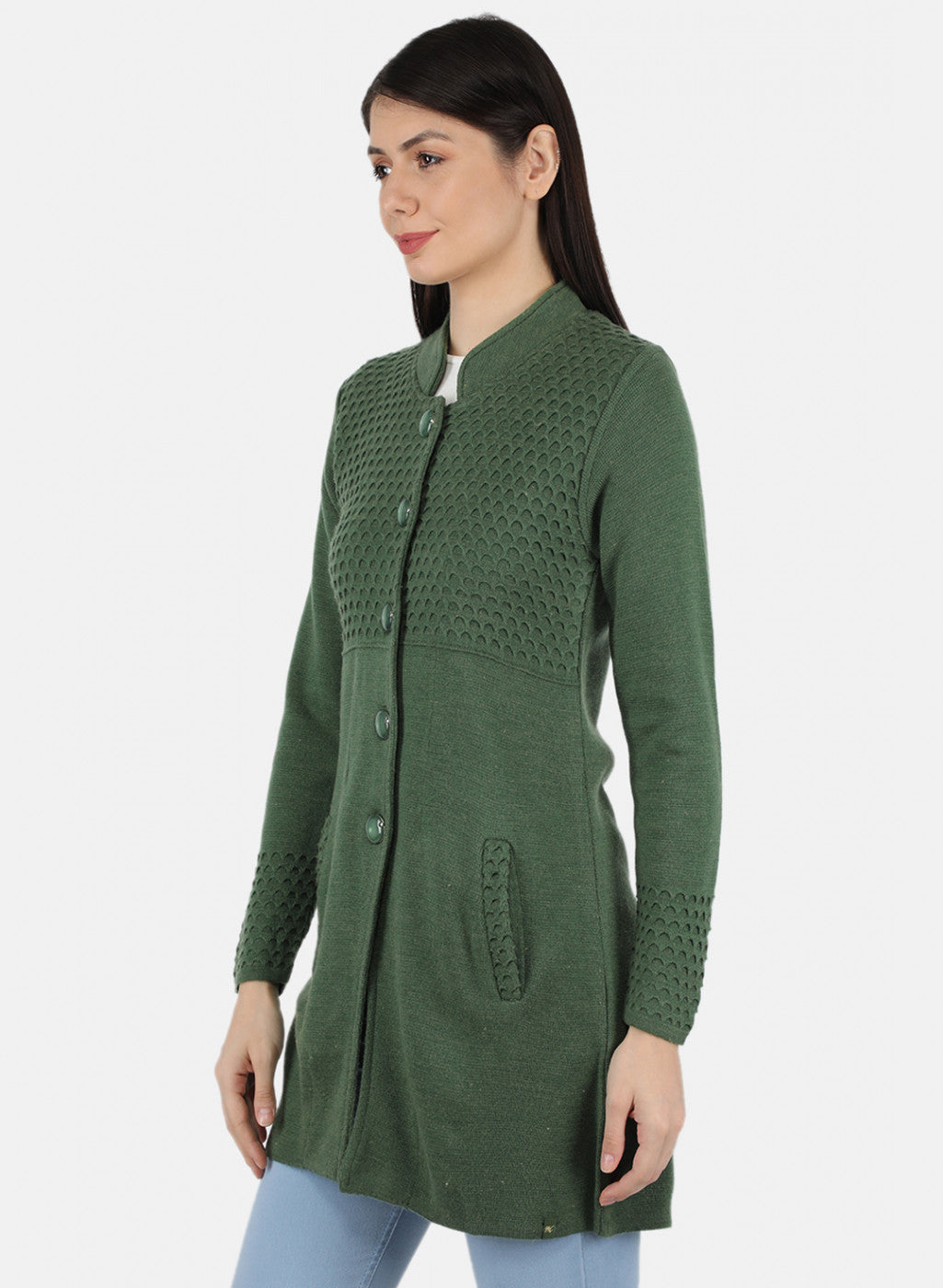 Women Green Self Design Coat