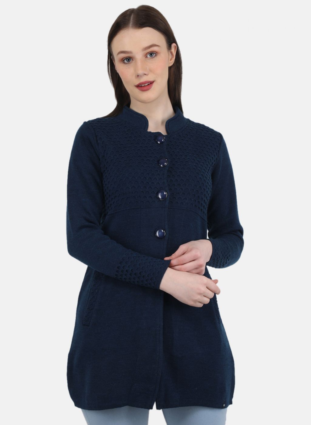 Women Blue Self Design Coat