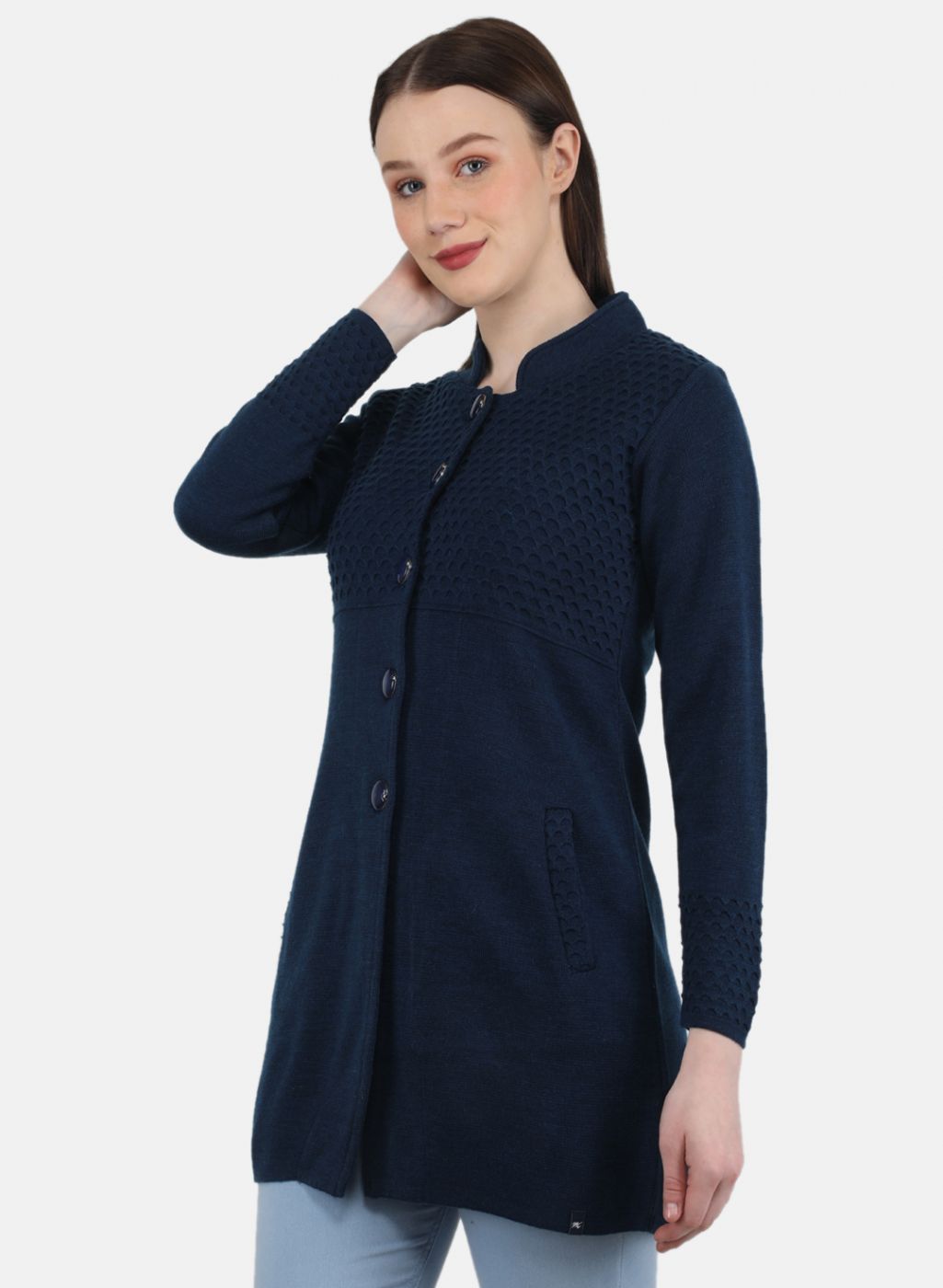 Women Blue Self Design Coat