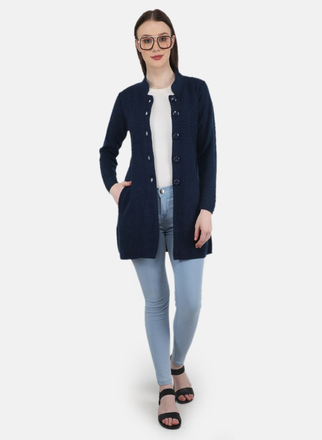 Women Blue Self Design Coat