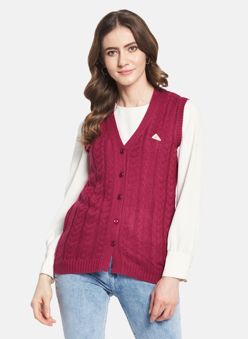 Women Purple Self Design Cardigan