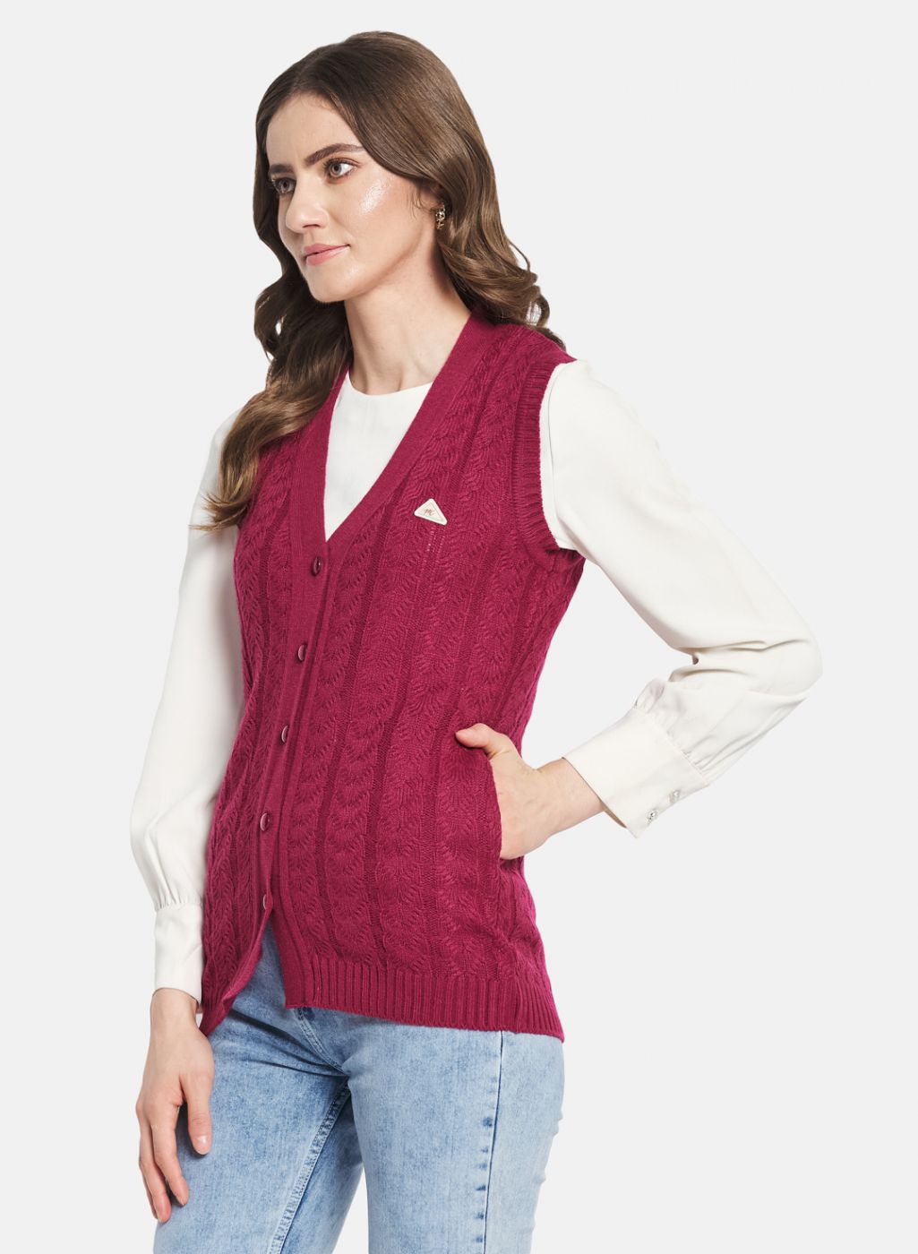 Women Purple Self Design Cardigan