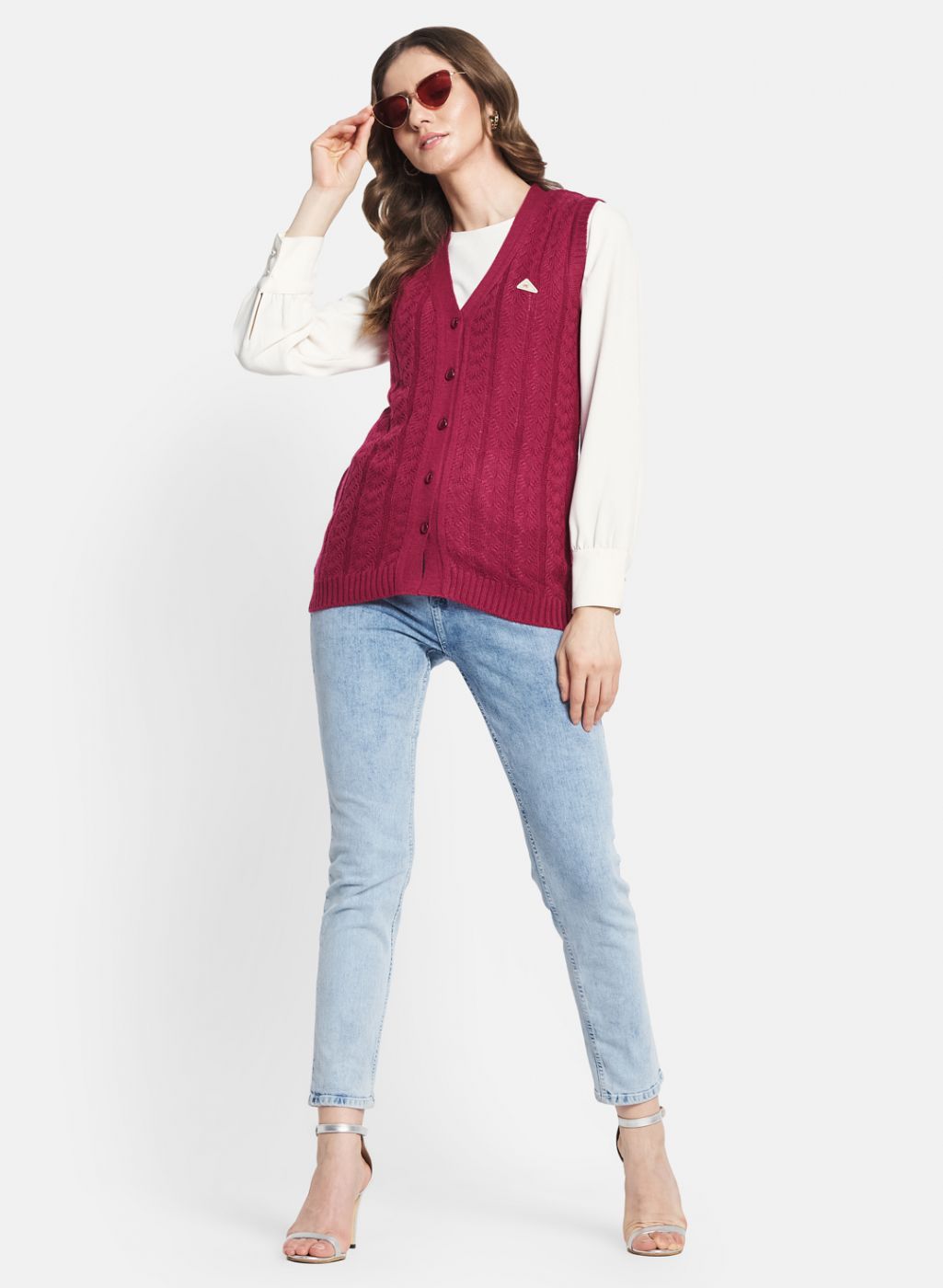 Women Purple Self Design Cardigan