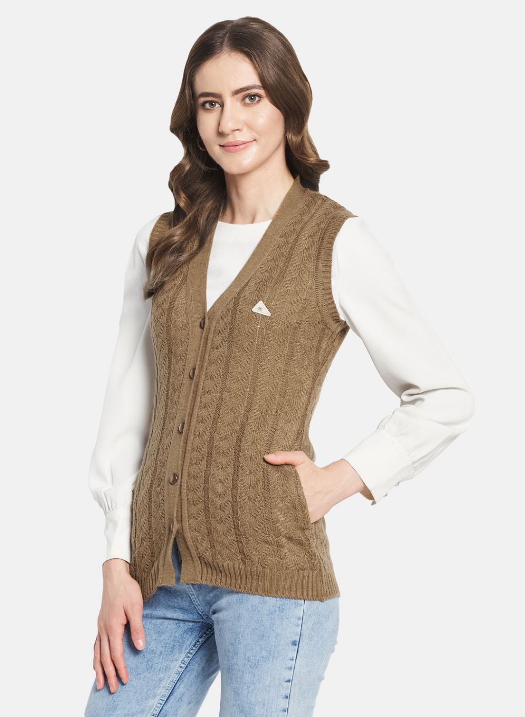 Women Brown Self Design Cardigan