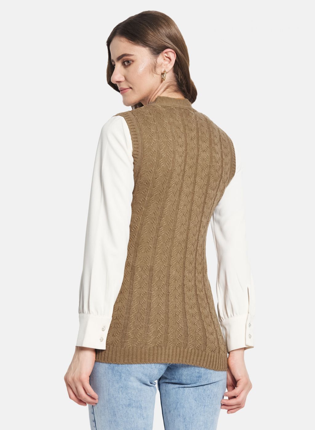 Women Brown Self Design Cardigan