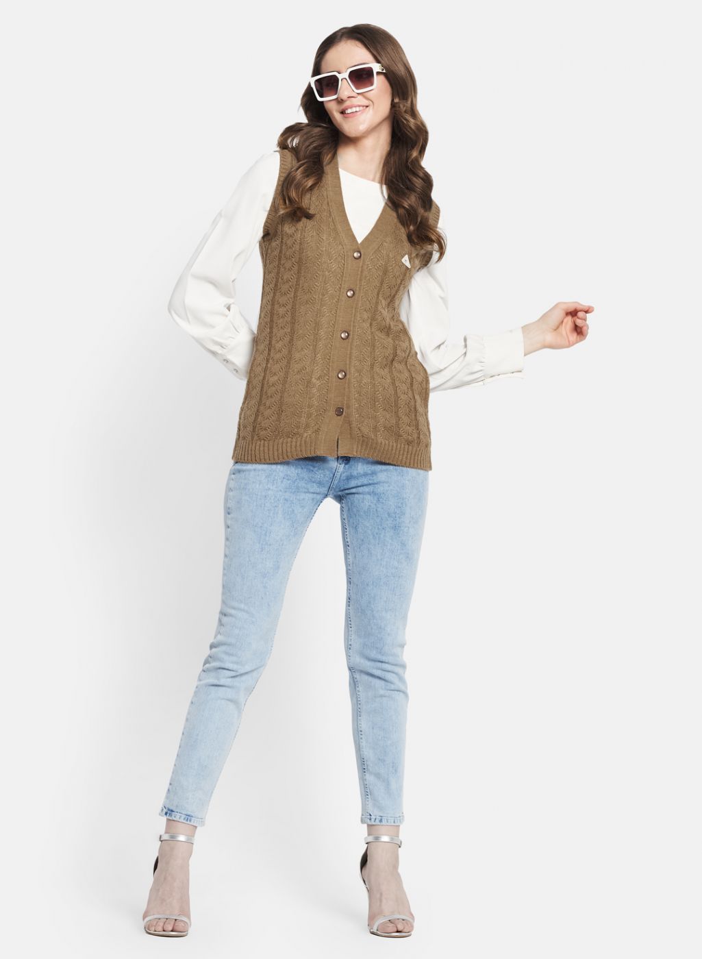 Women Brown Self Design Cardigan