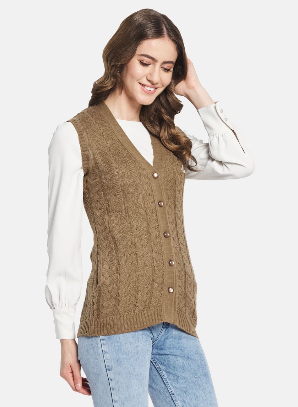 Women Brown Self Design Cardigan