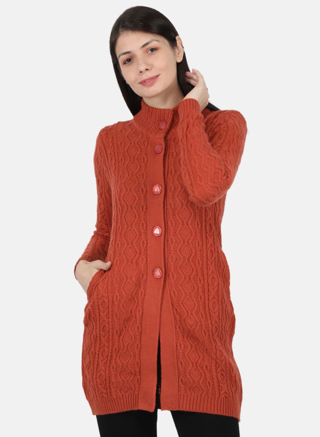 Women Rust Orange Self Design Cardigan