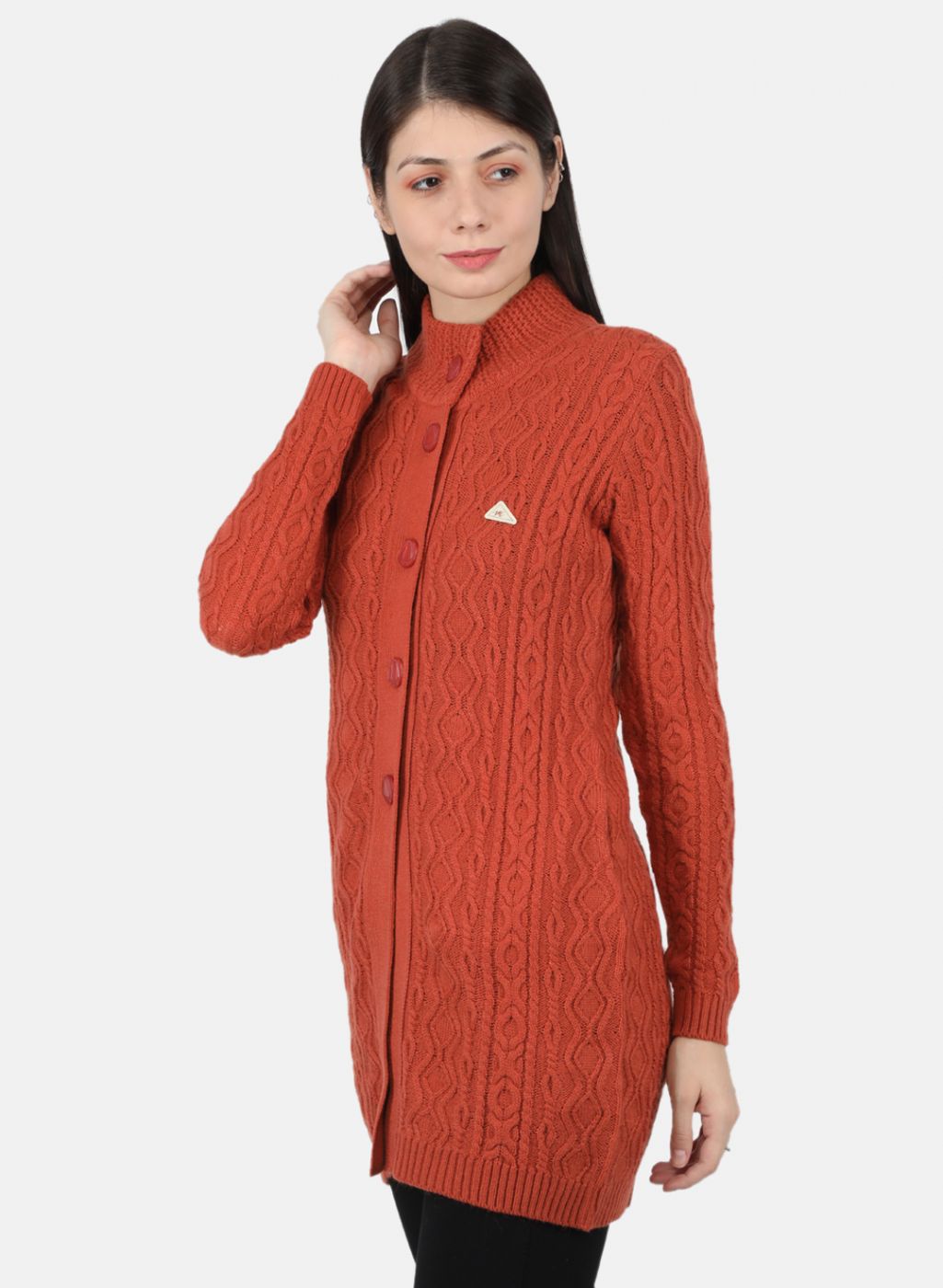 Women Rust Orange Self Design Cardigan