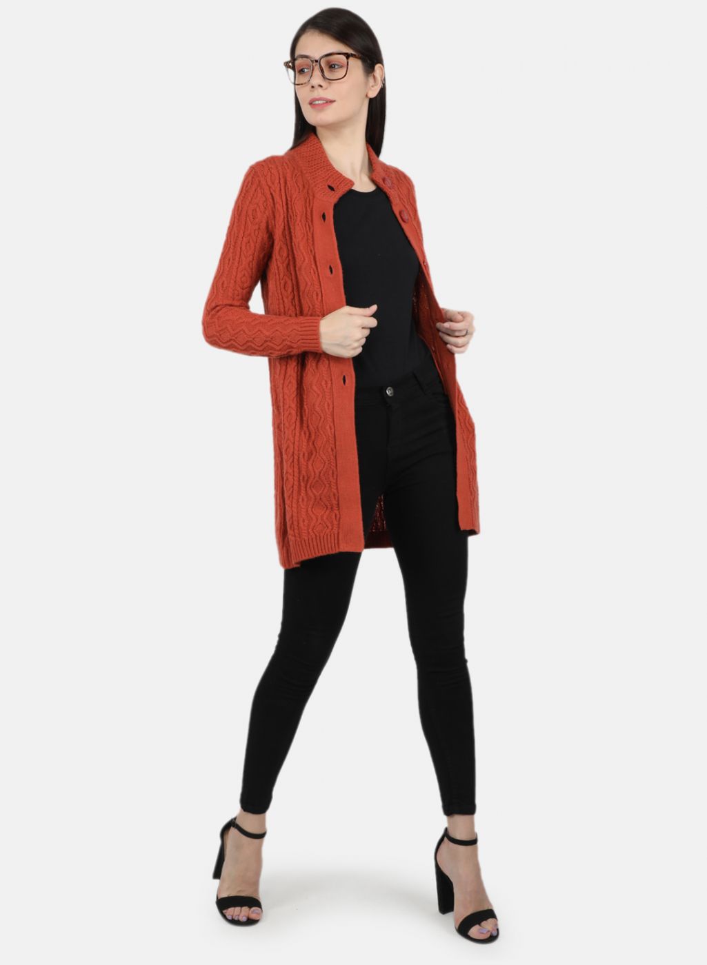 Women Rust Orange Self Design Cardigan