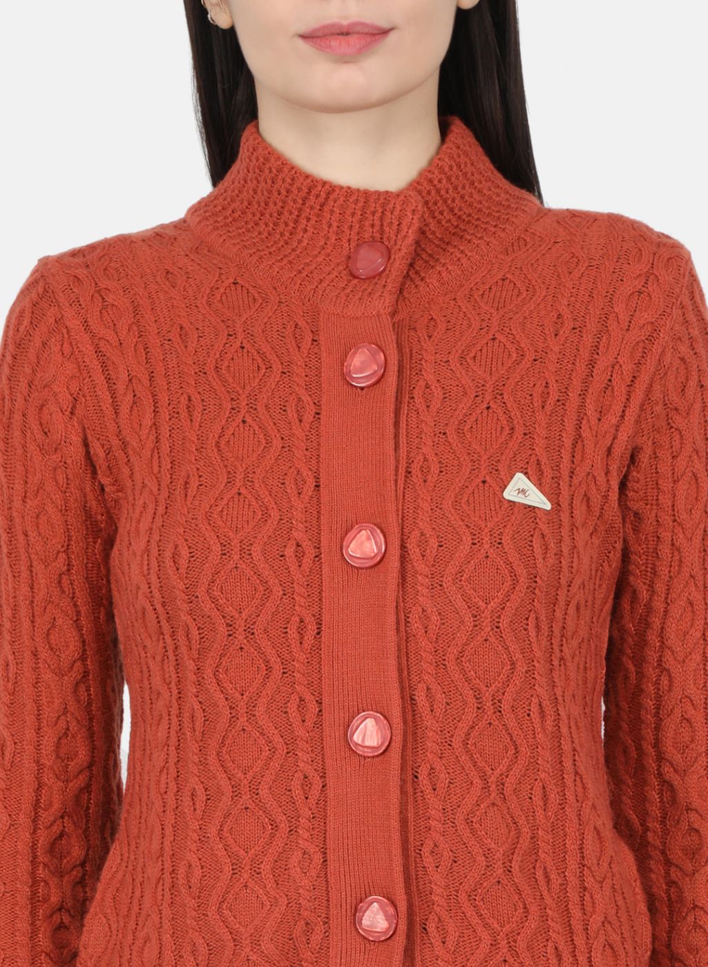 Women Rust Orange Self Design Cardigan