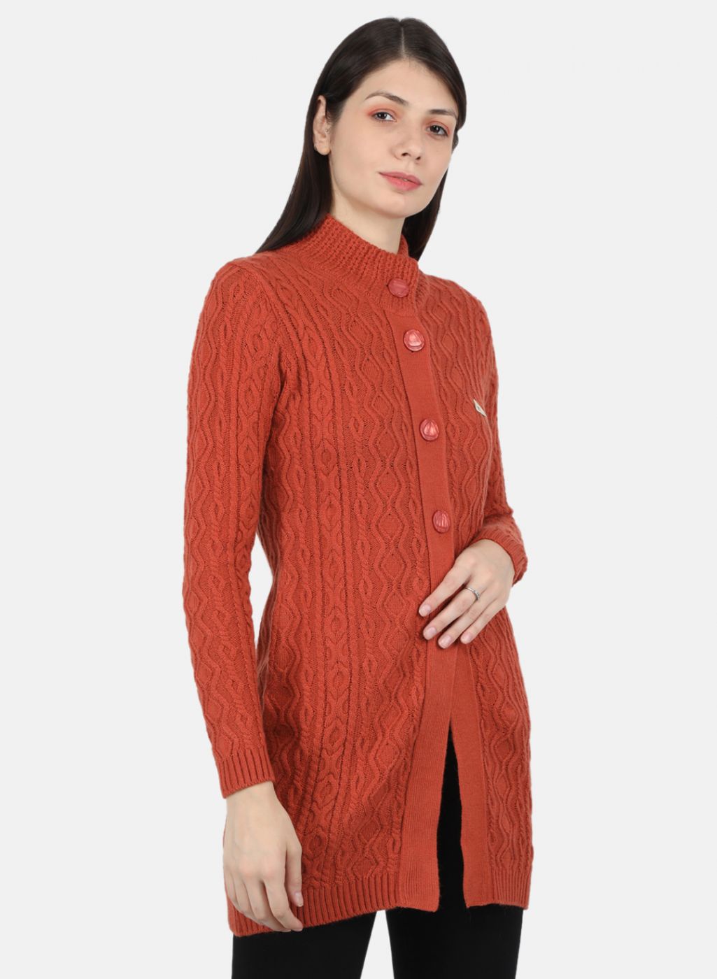 Women Rust Orange Self Design Cardigan