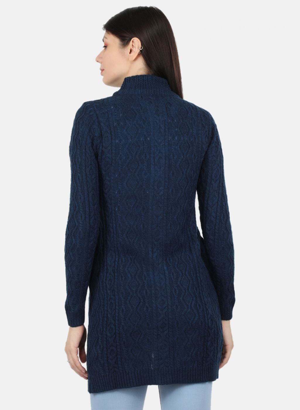 Women Navy Blue Self Design Cardigan