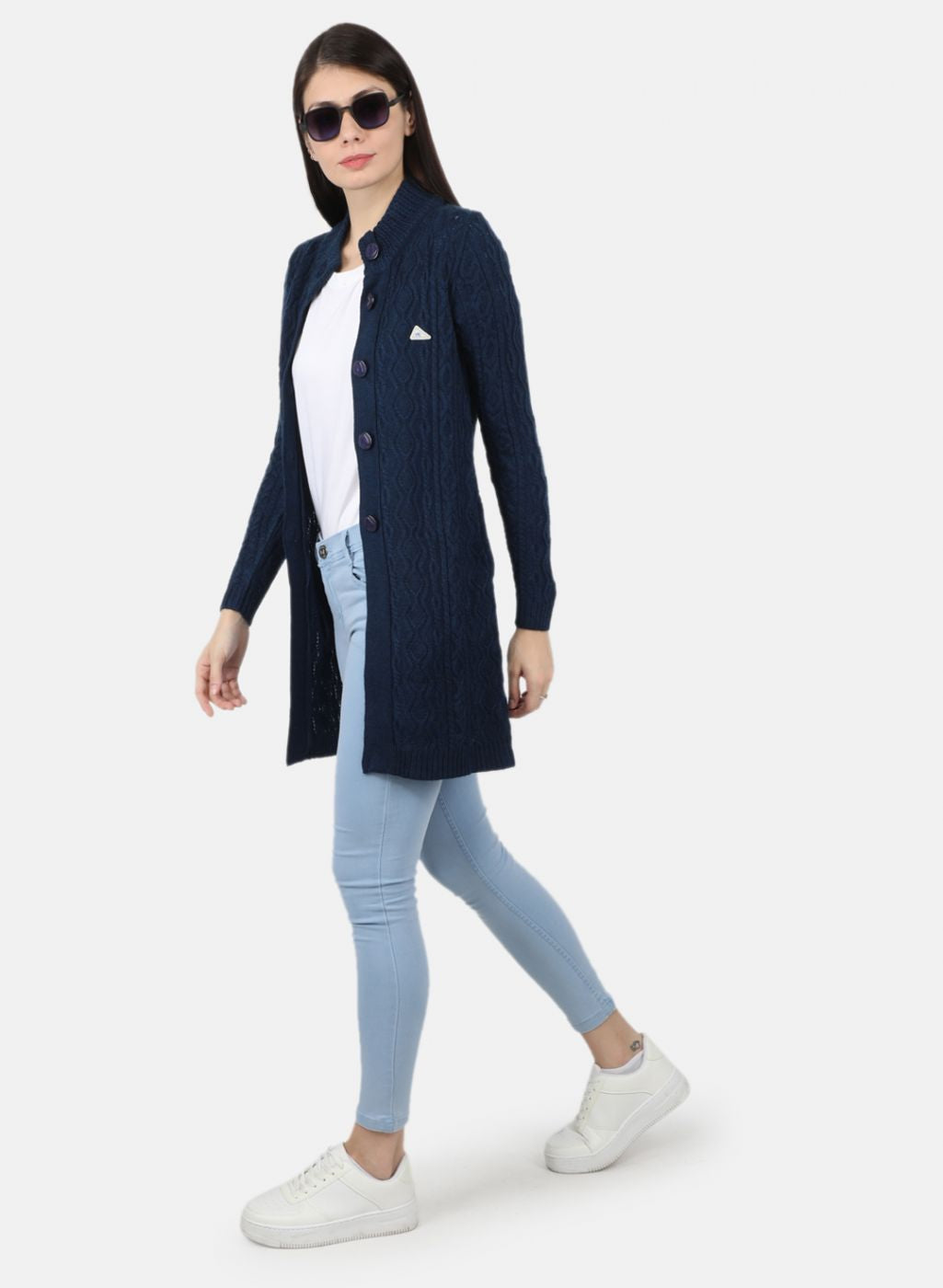 Women Navy Blue Self Design Cardigan