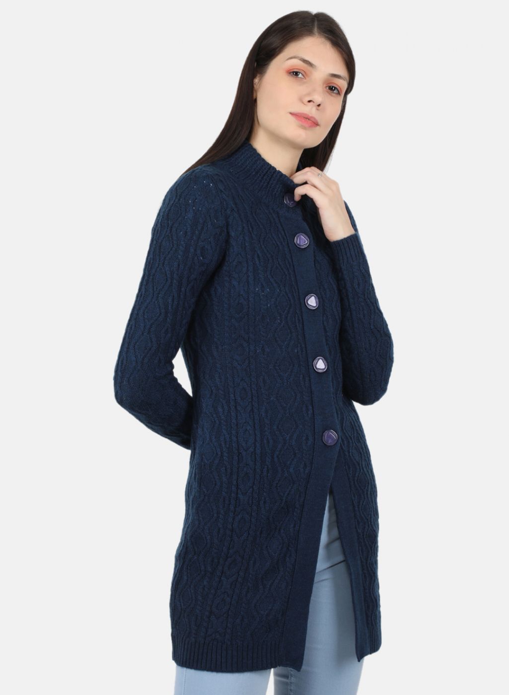 Women Navy Blue Self Design Cardigan