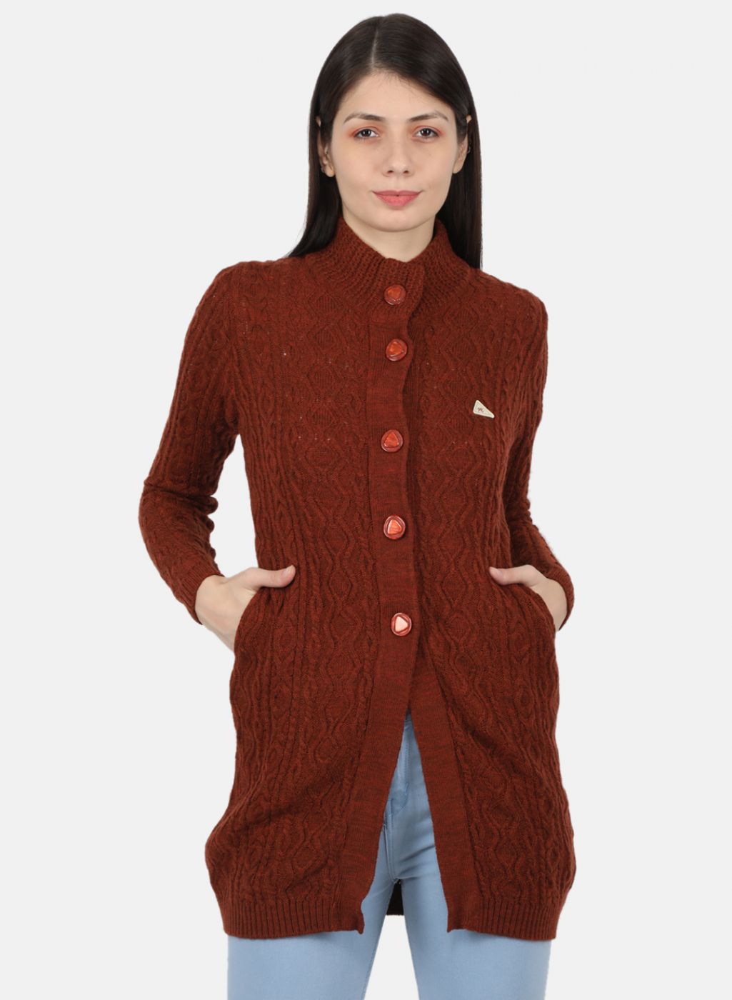 Women Rust Orange Self Design Cardigan