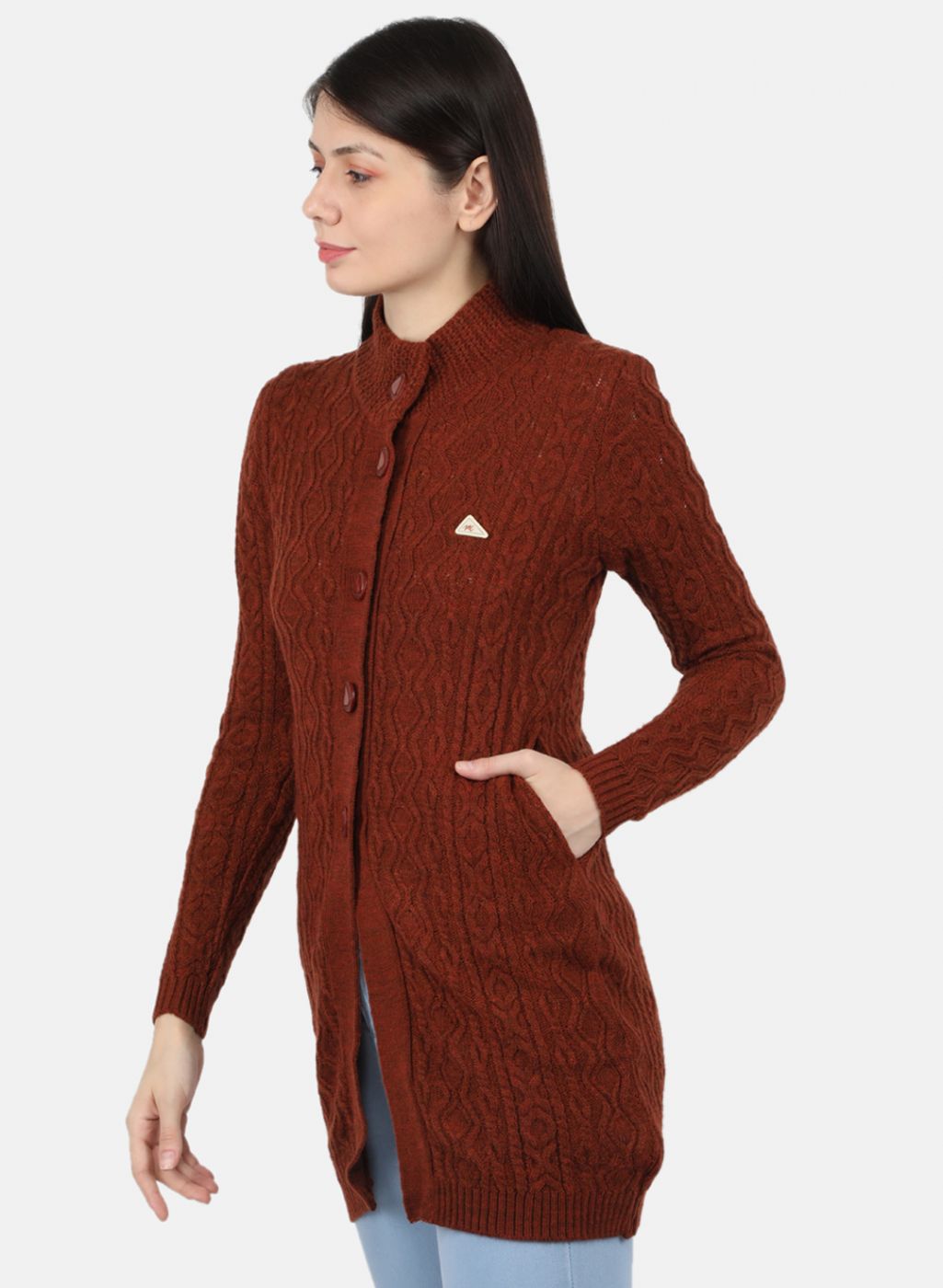 Women Rust Orange Self Design Cardigan