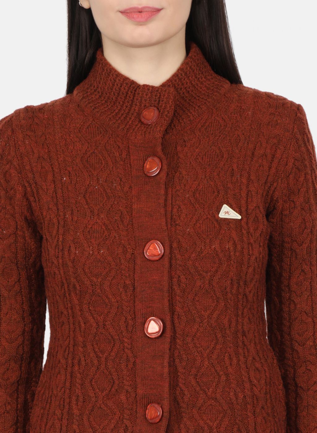 Women Rust Orange Self Design Cardigan