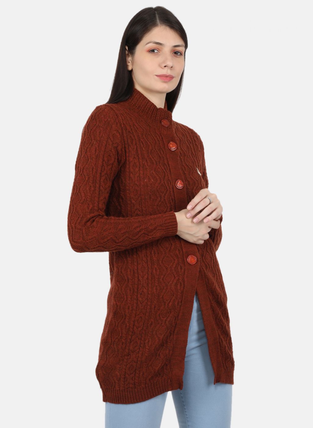 Women Rust Orange Self Design Cardigan