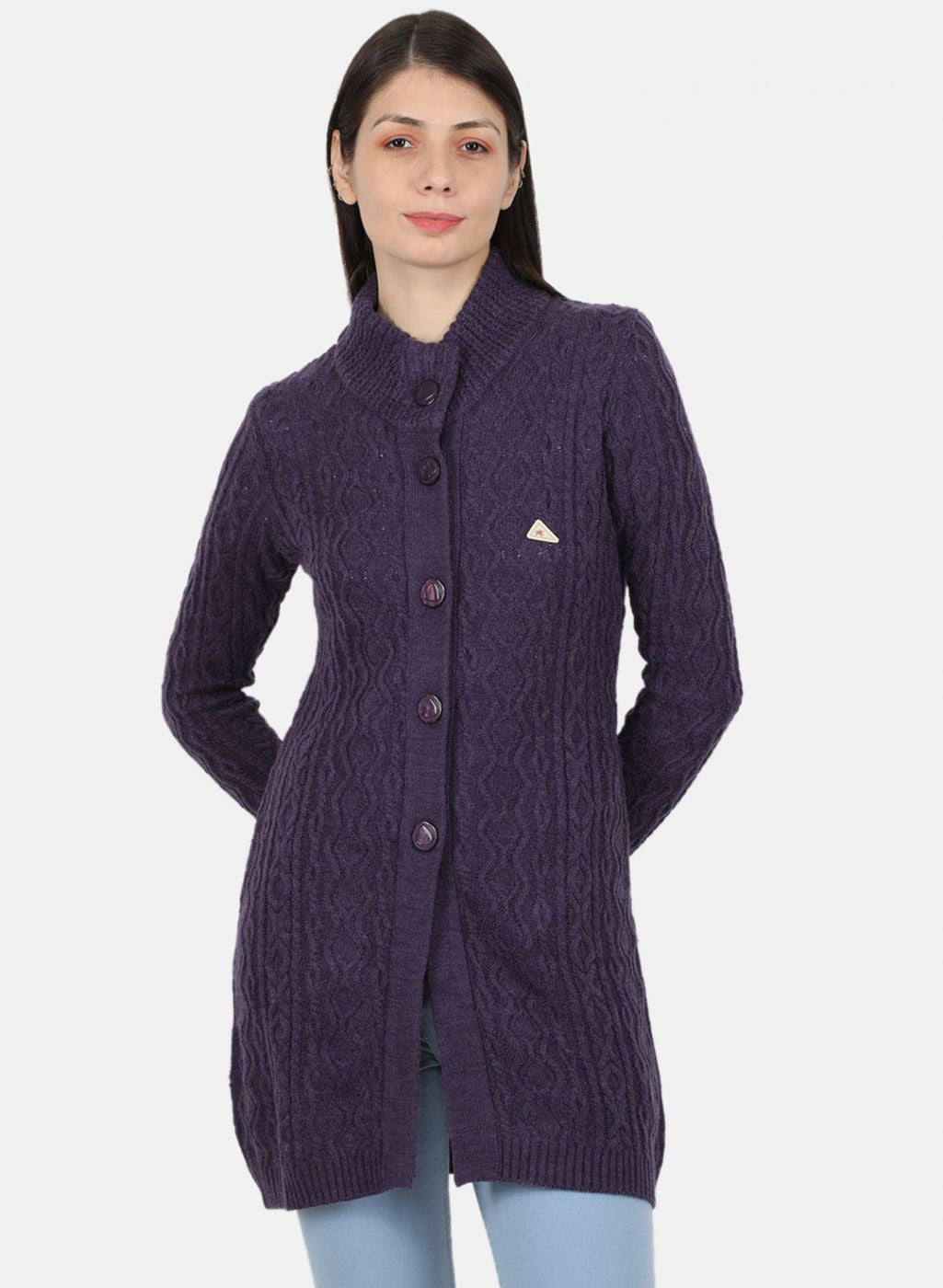 Women Purple Self Design Cardigan