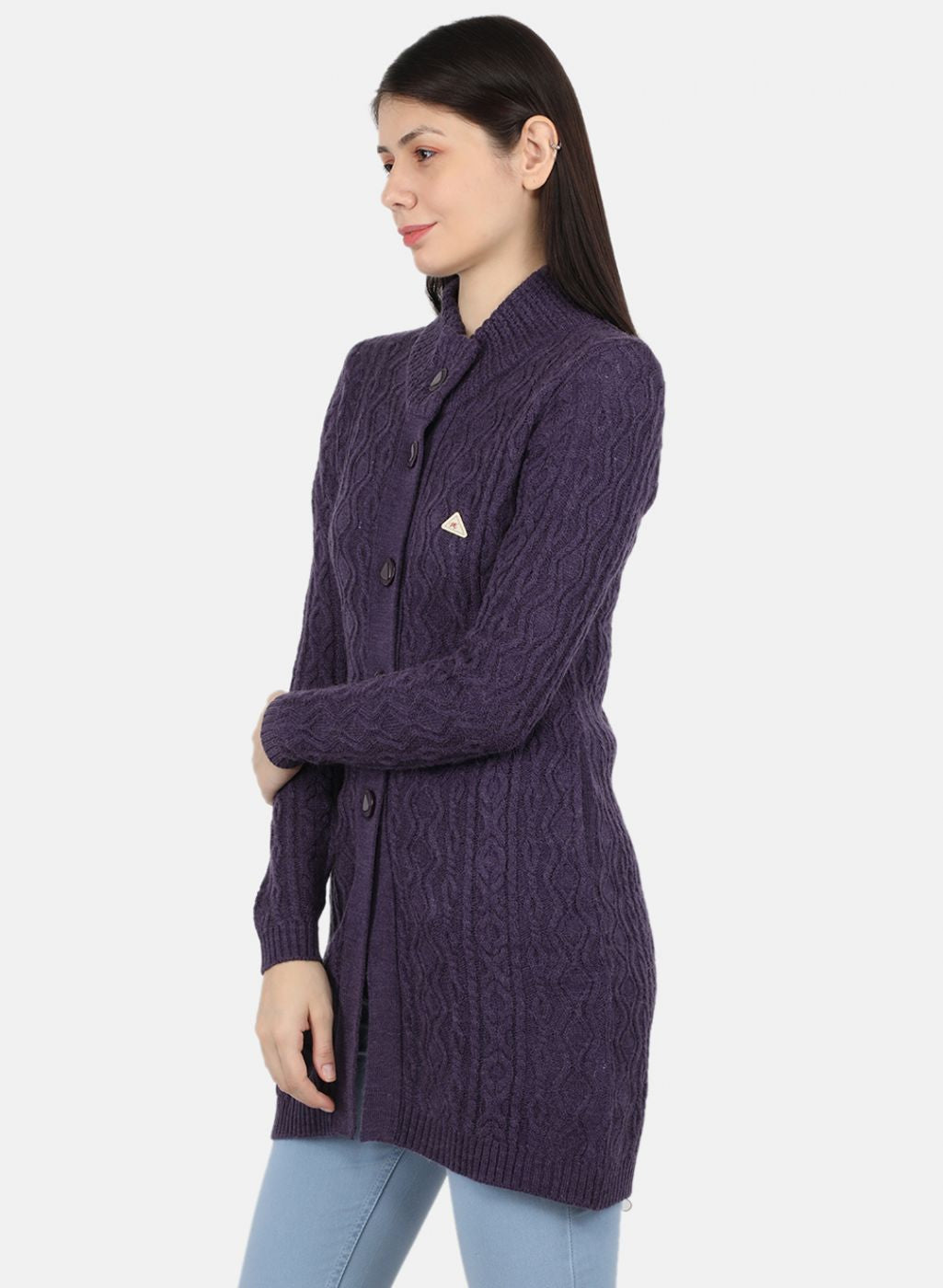 Women Purple Self Design Cardigan