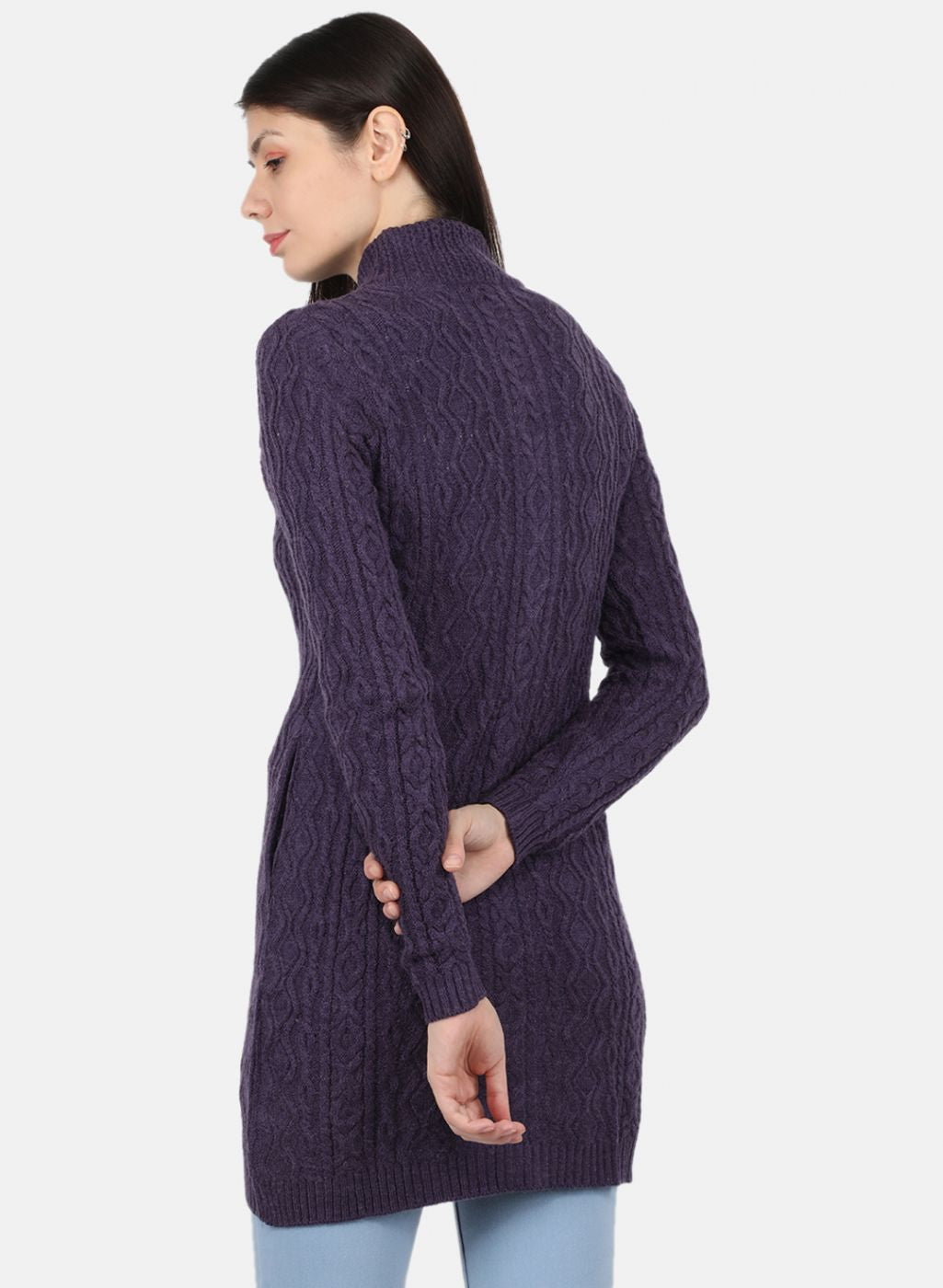 Women Purple Self Design Cardigan