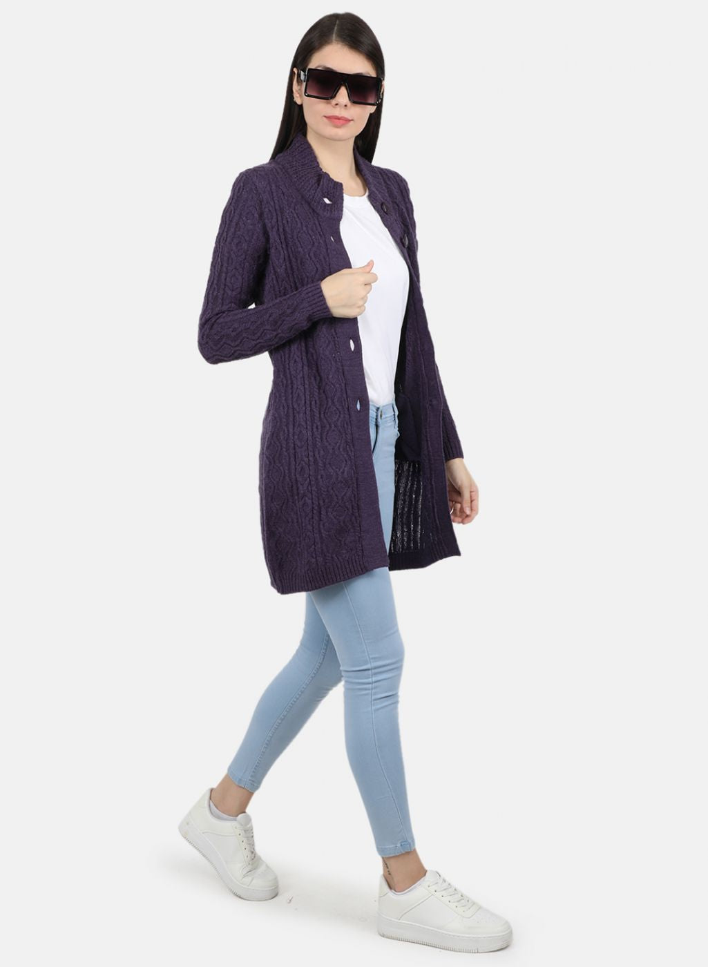 Women Purple Self Design Cardigan