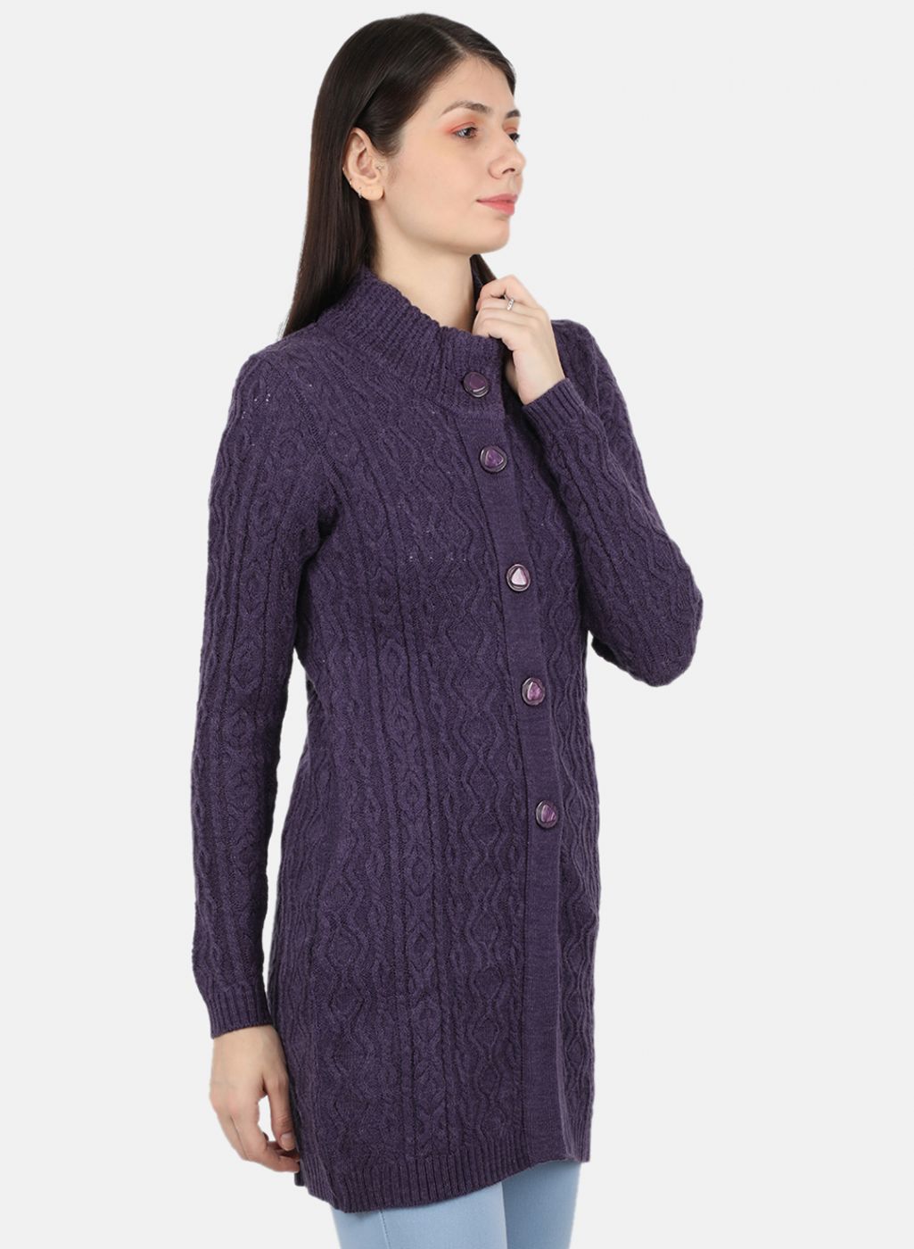 Women Purple Self Design Cardigan