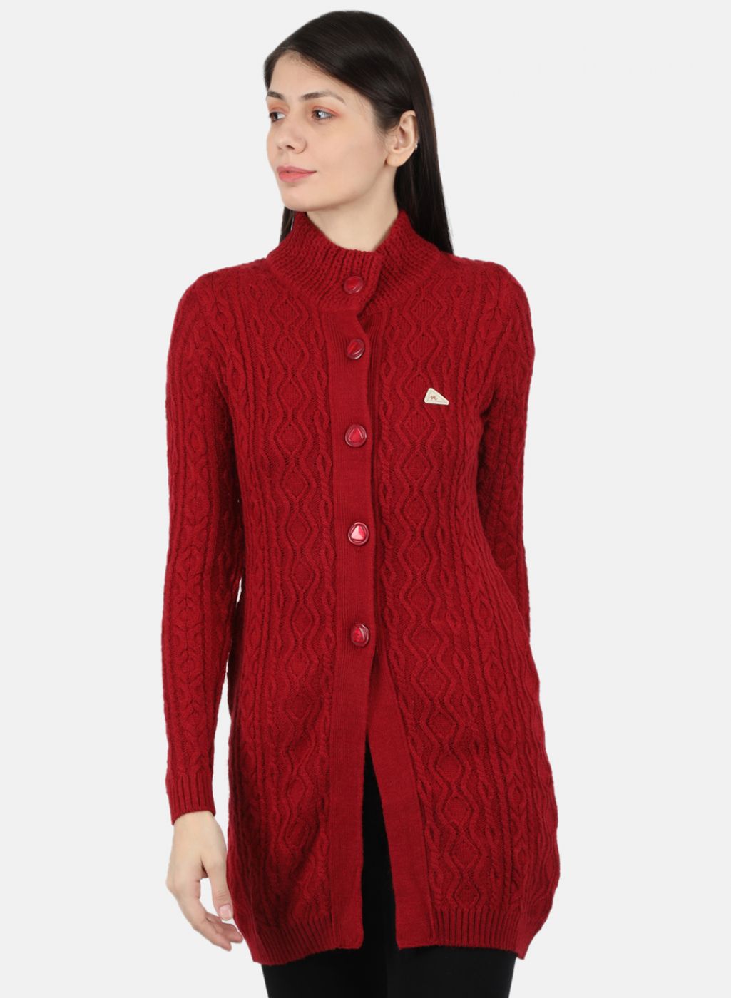 Women Red Self Design Cardigan