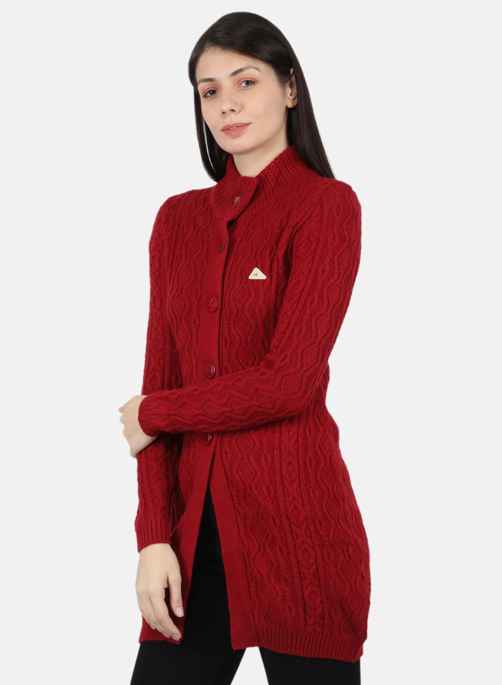 Women Red Self Design Cardigan