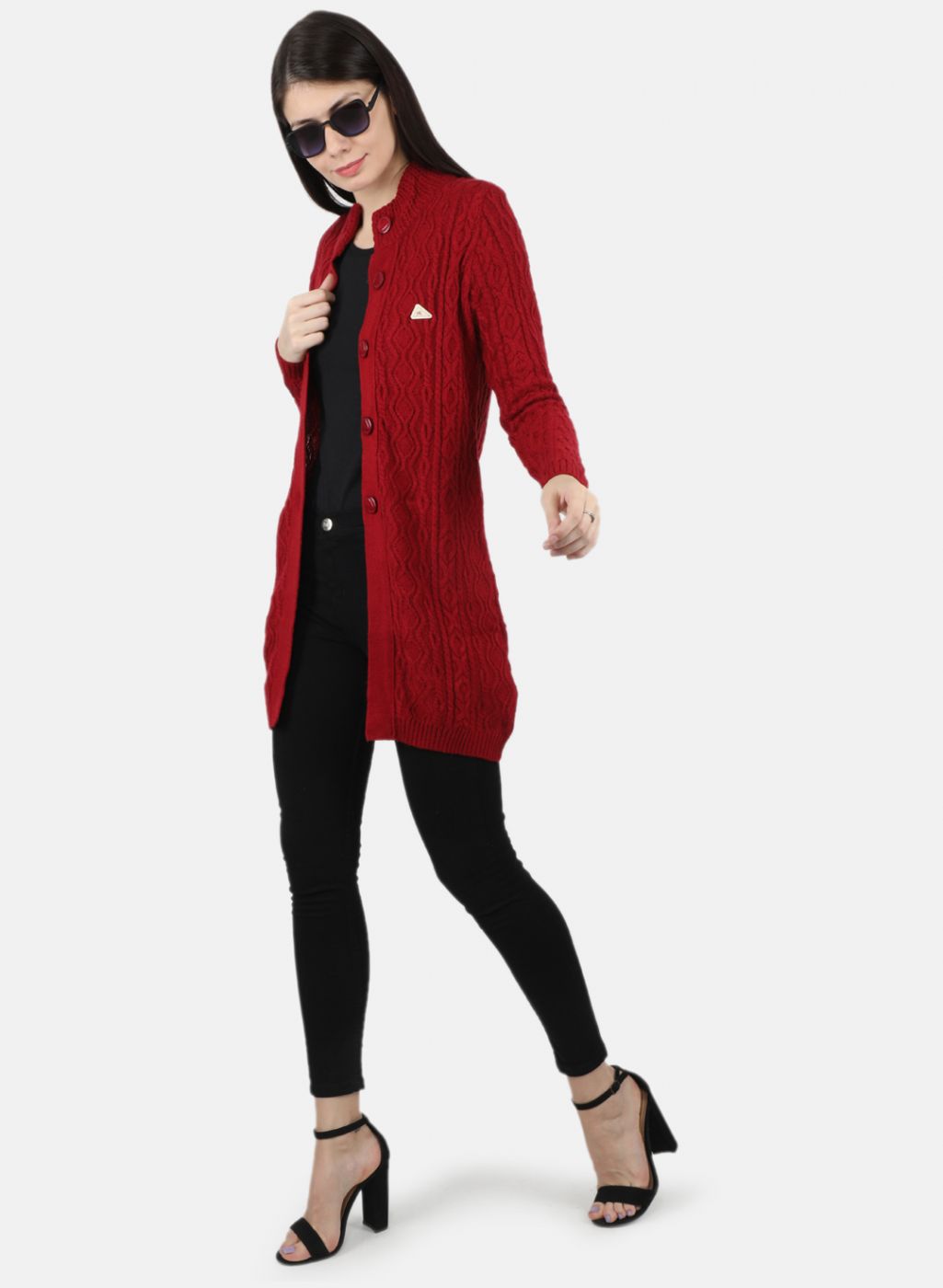 Women Red Self Design Cardigan