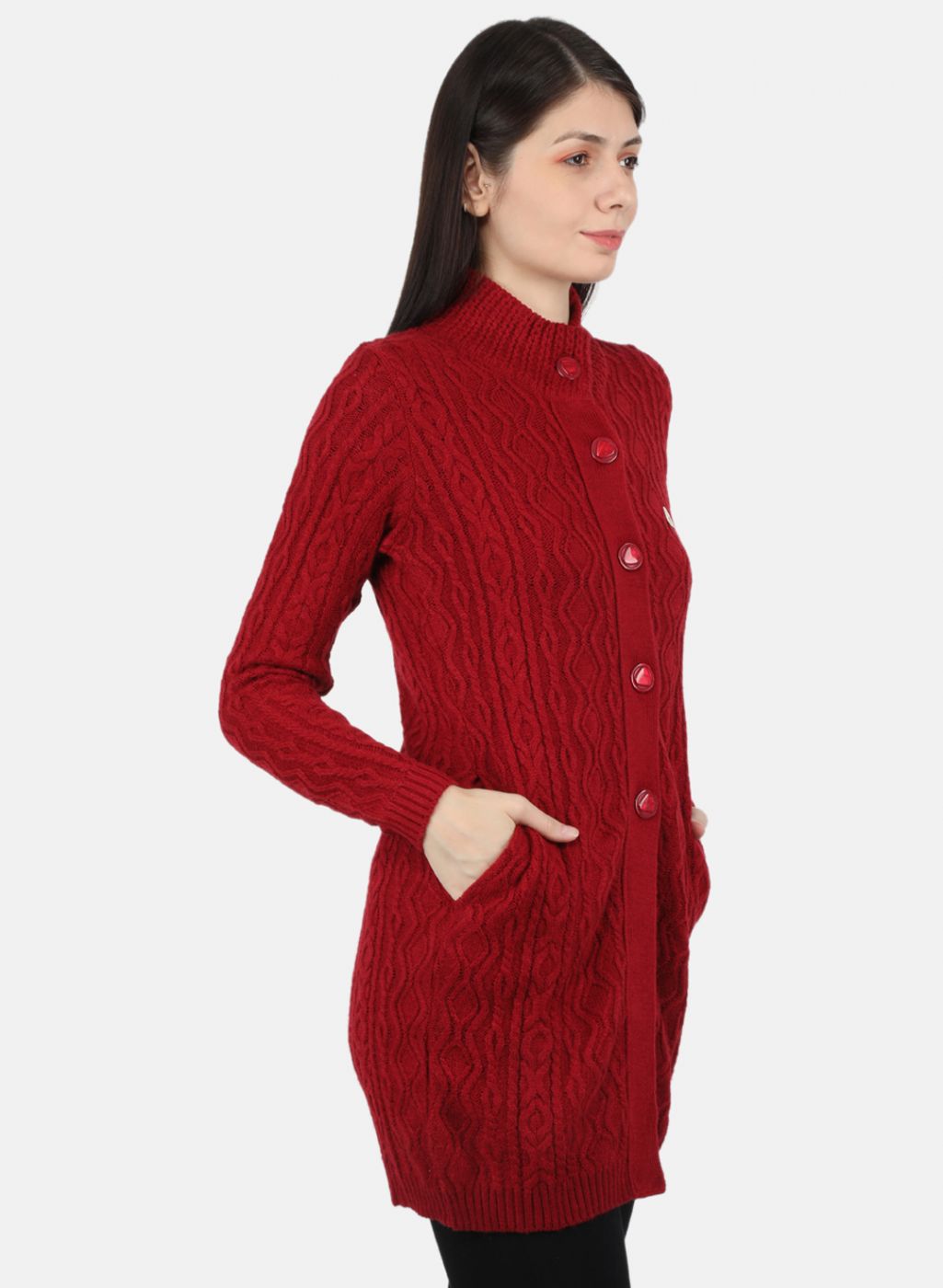 Women Red Self Design Cardigan