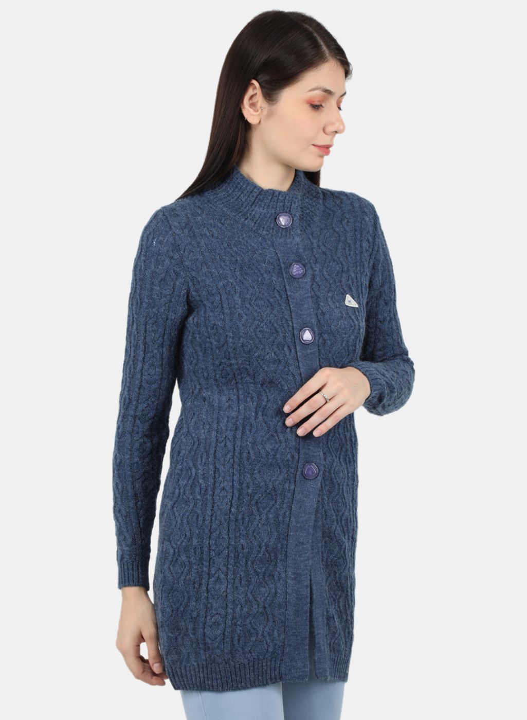 Women Blue Self Design Cardigan