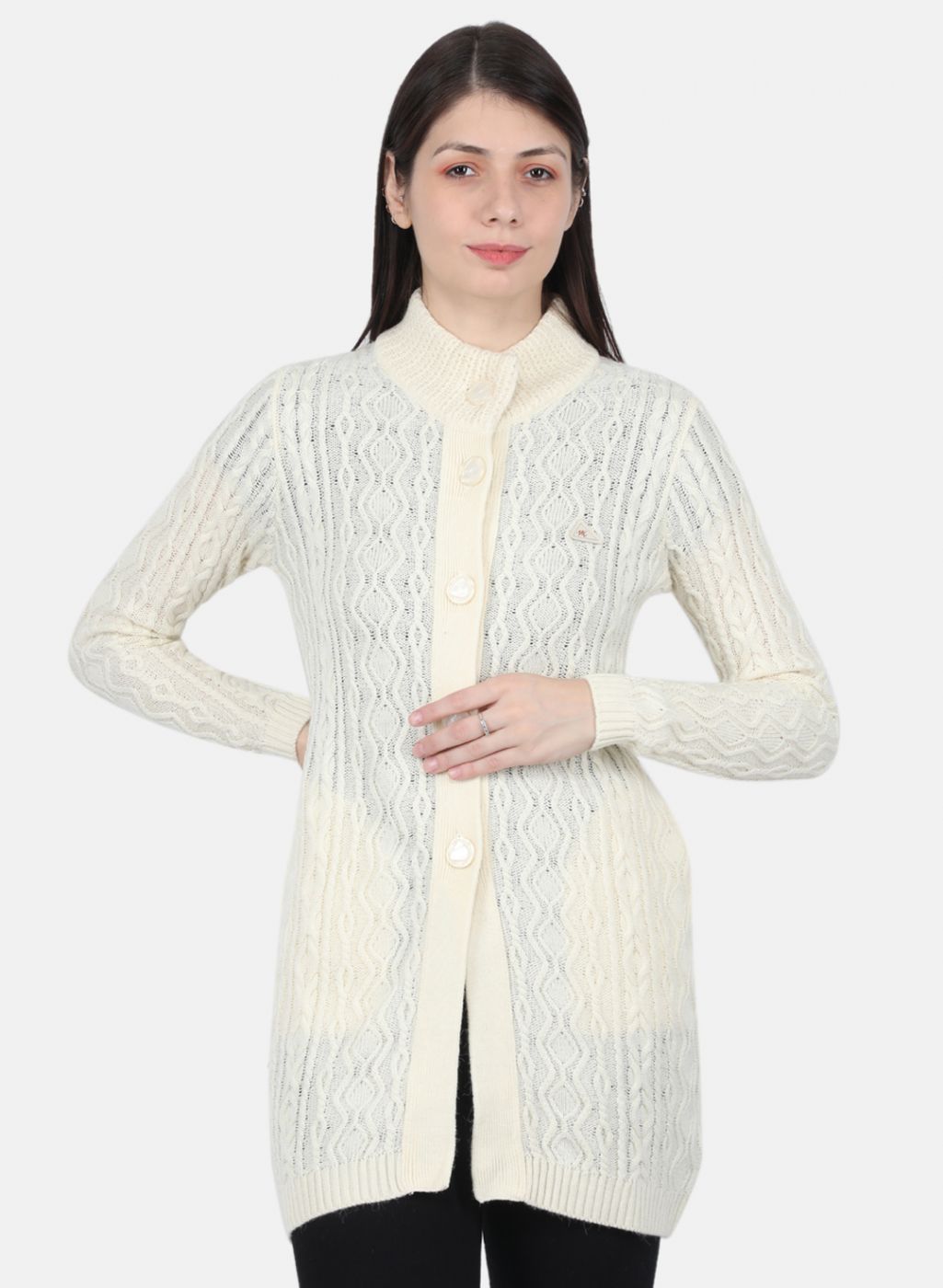 Women Off White Self Design Cardigan