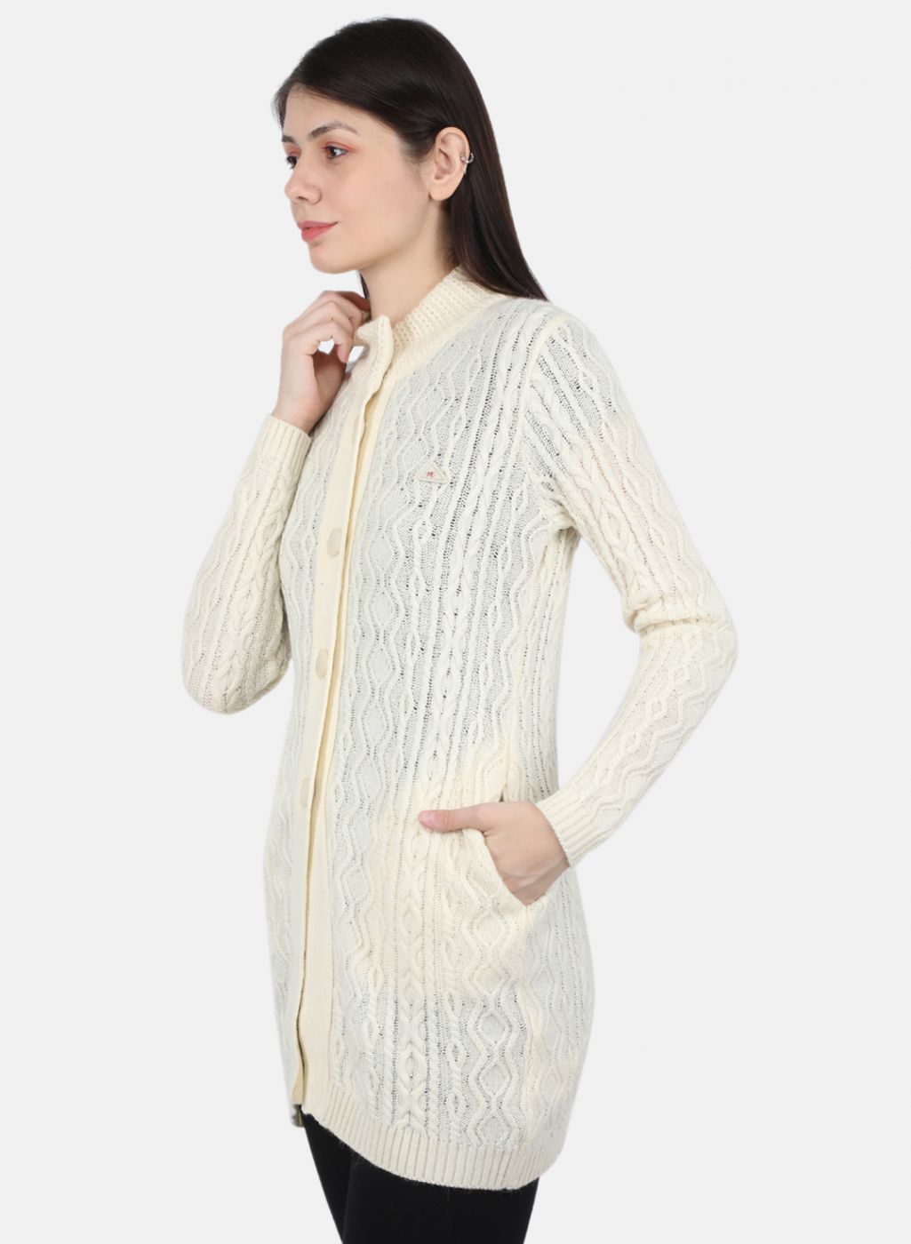 Women Off White Self Design Cardigan