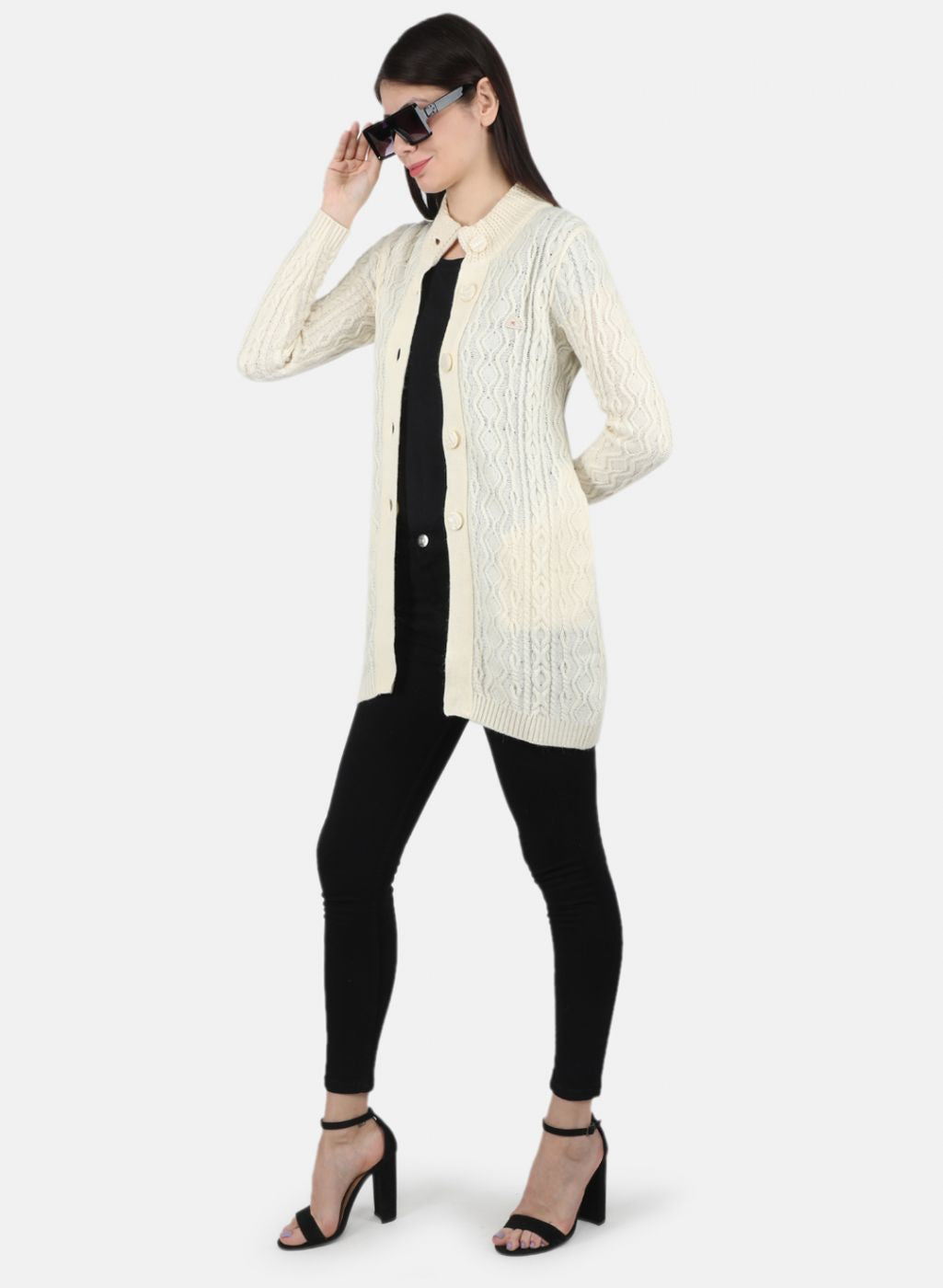 Women Off White Self Design Cardigan