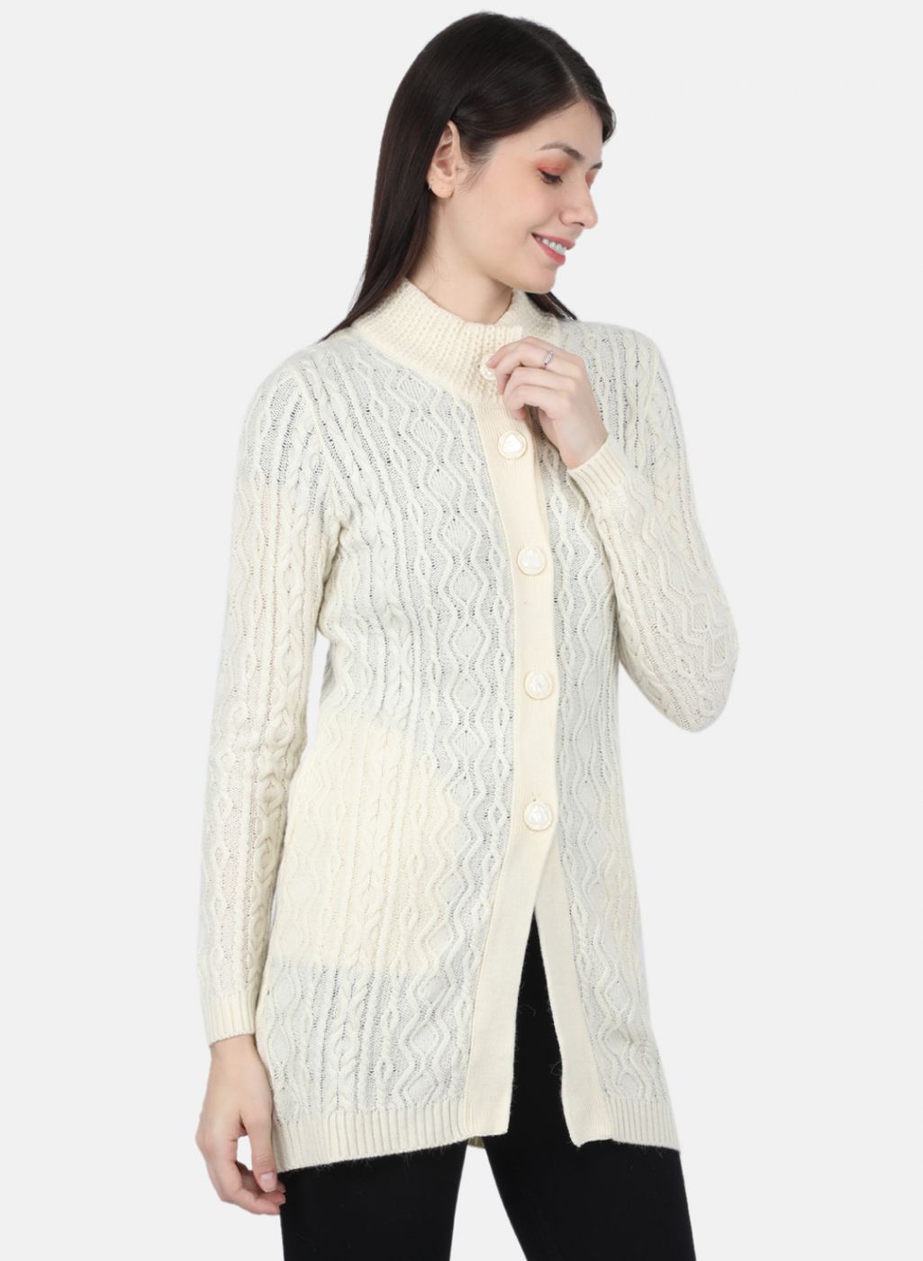 Women Off White Self Design Cardigan