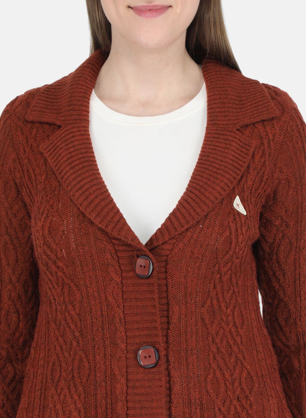 Women Orange Self design Cardigan