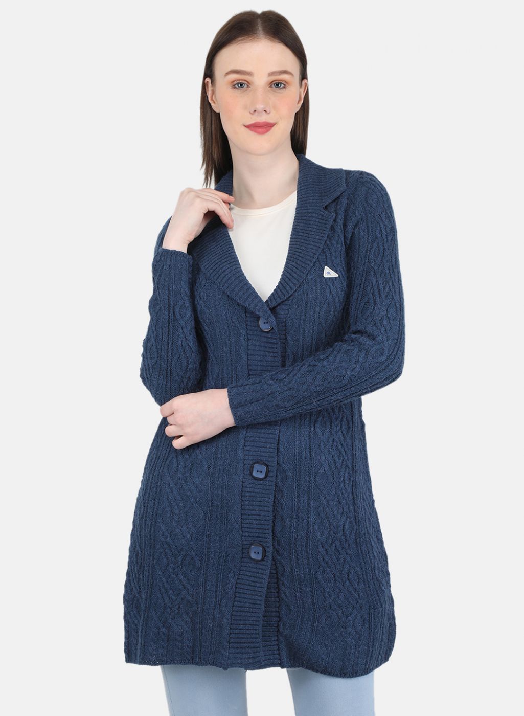 Women Blue Self Design Cardigan