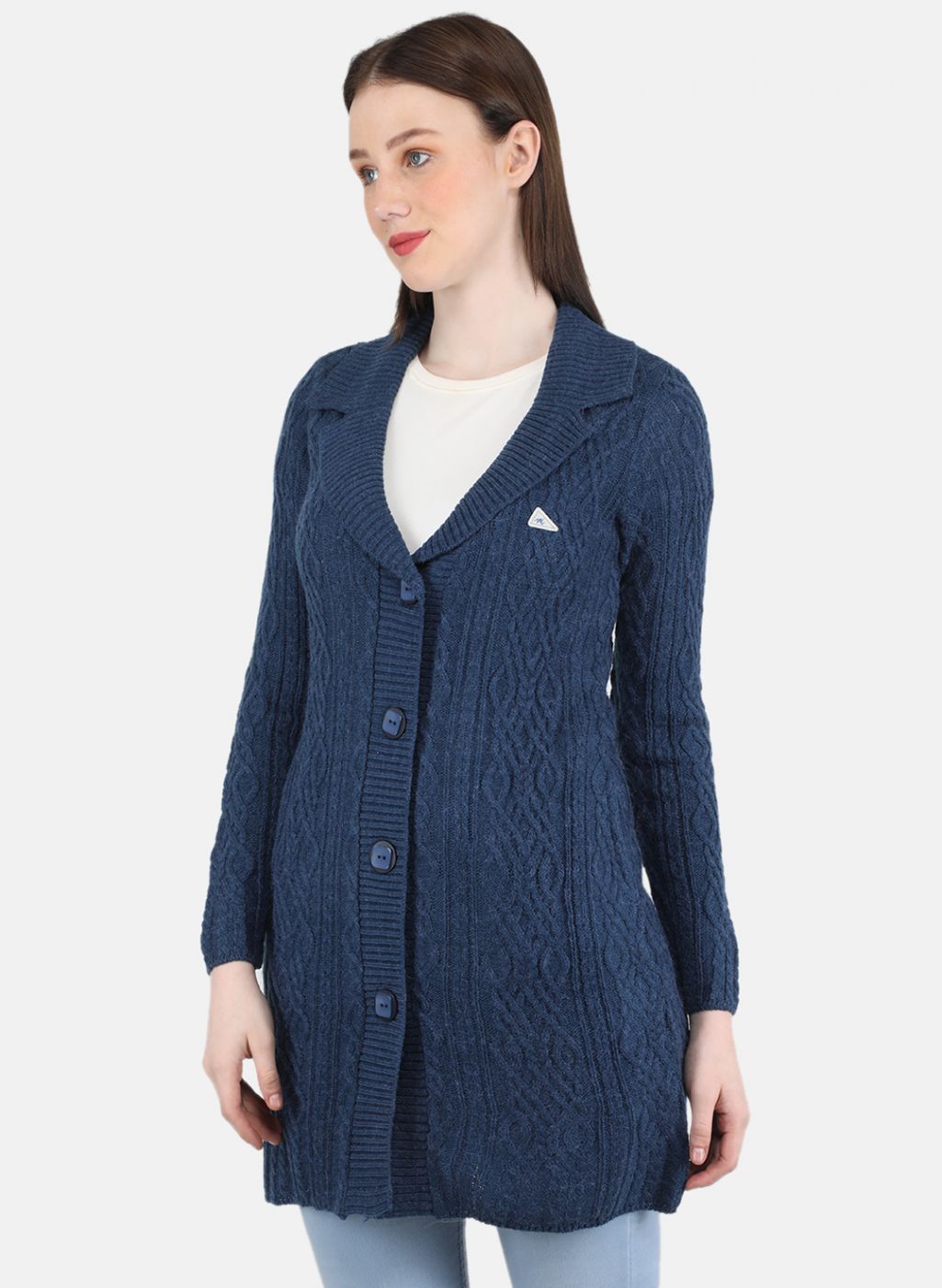 Women Blue Self Design Cardigan