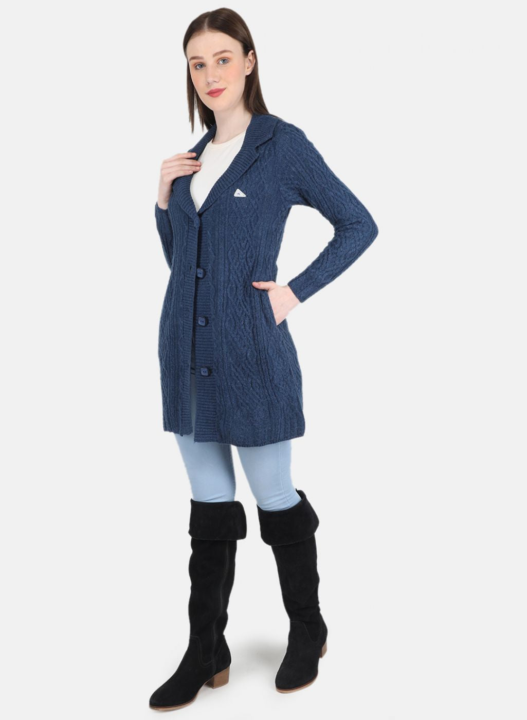 Women Blue Self Design Cardigan